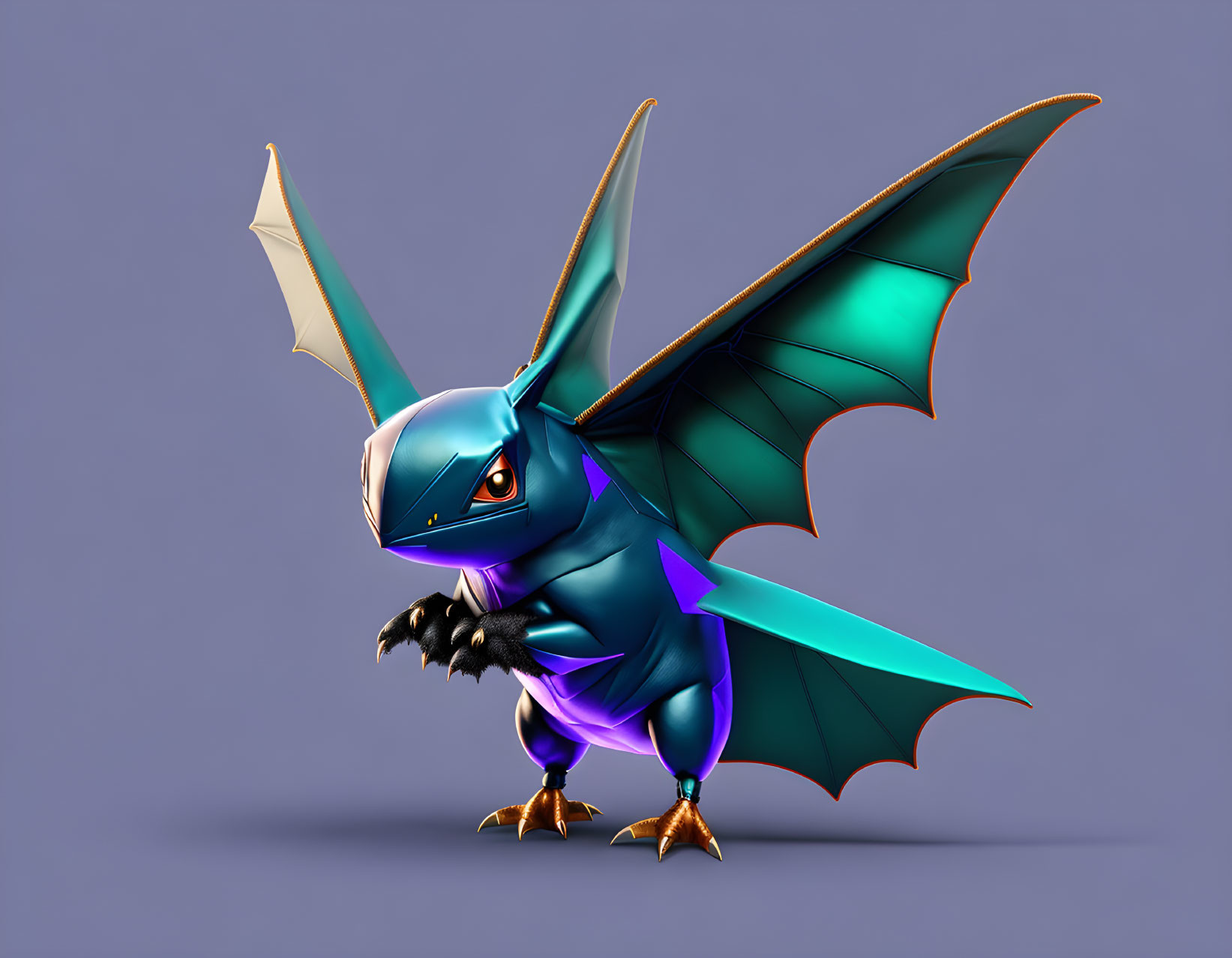 Stylized metallic dragon with sharp wings and horns in blue and purple hues