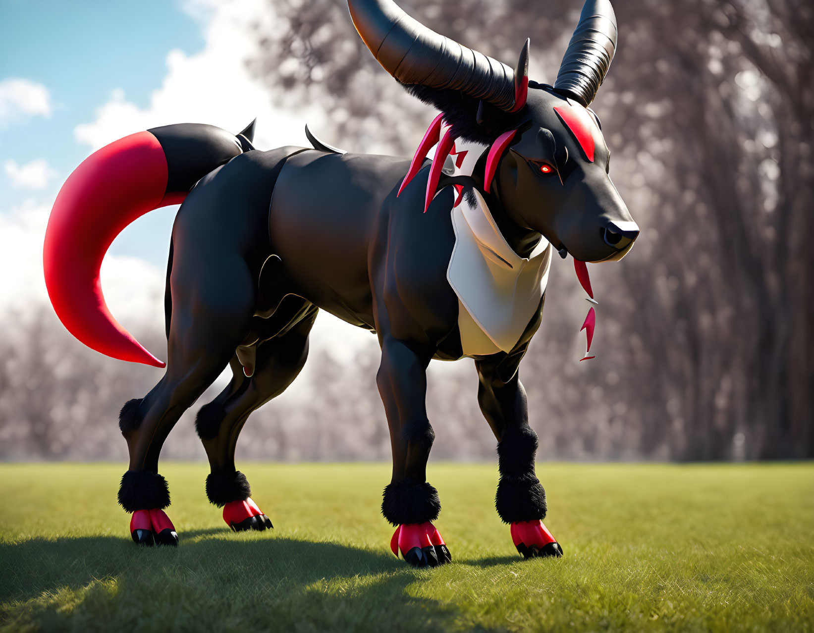 Stylized black bull with curved horns in grassy field