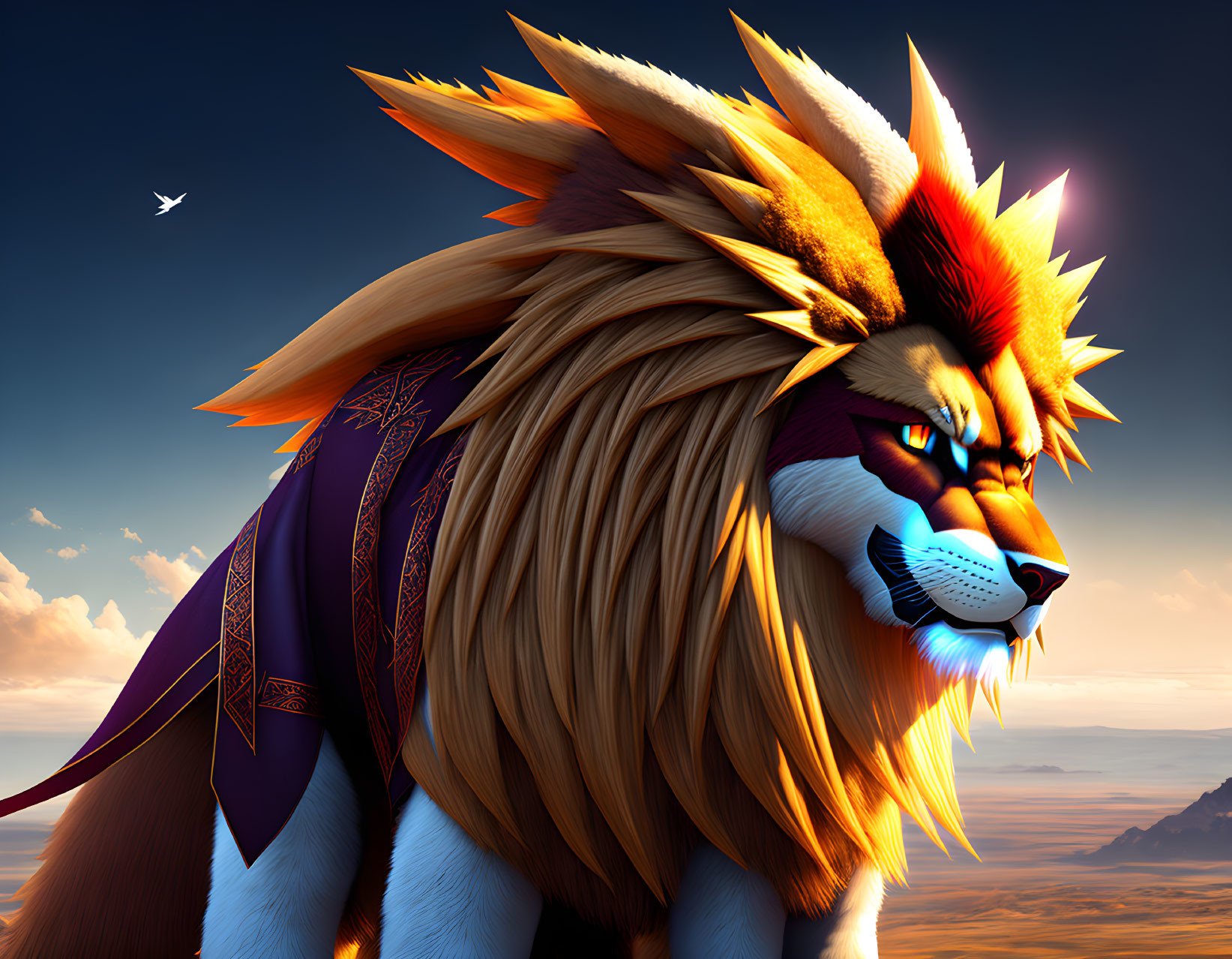 Stylized lion with multicolored mane and purple cape at sunset