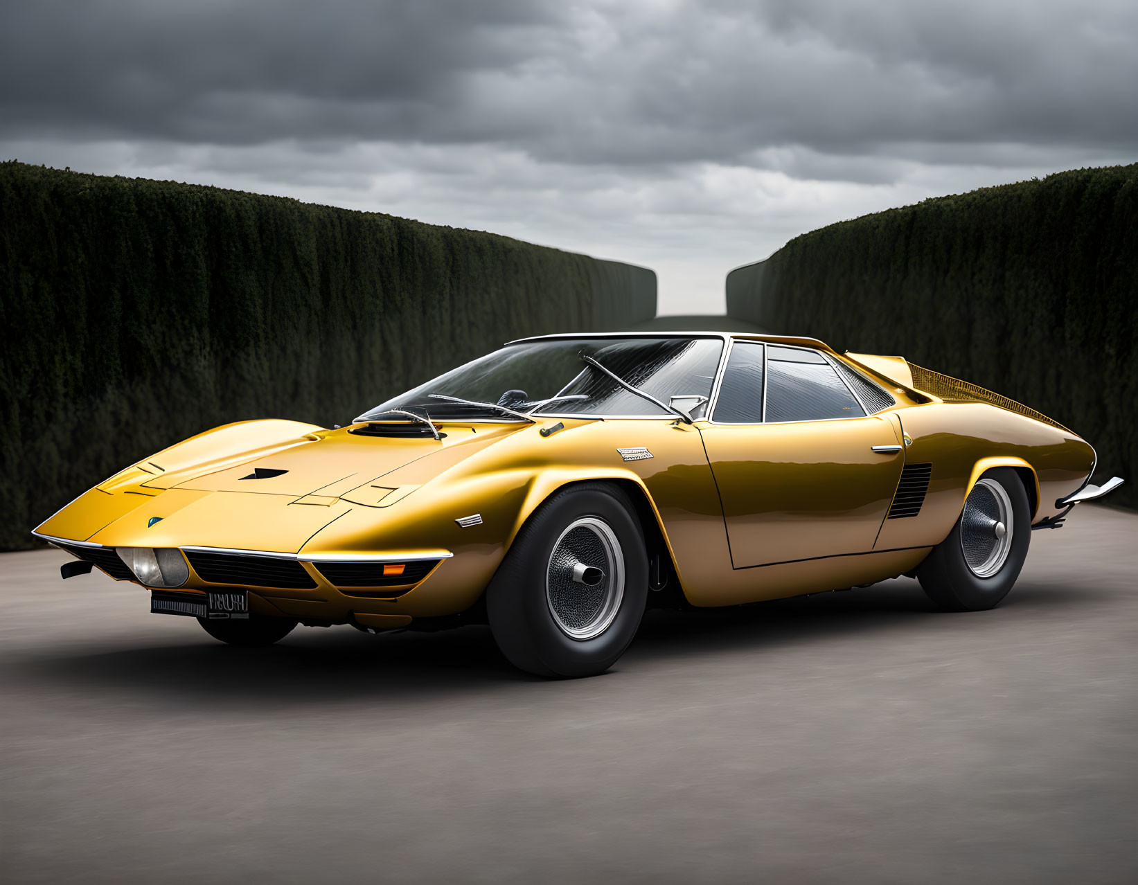 Vintage Golden Sports Car with Wedge Design and Pop-Up Headlights