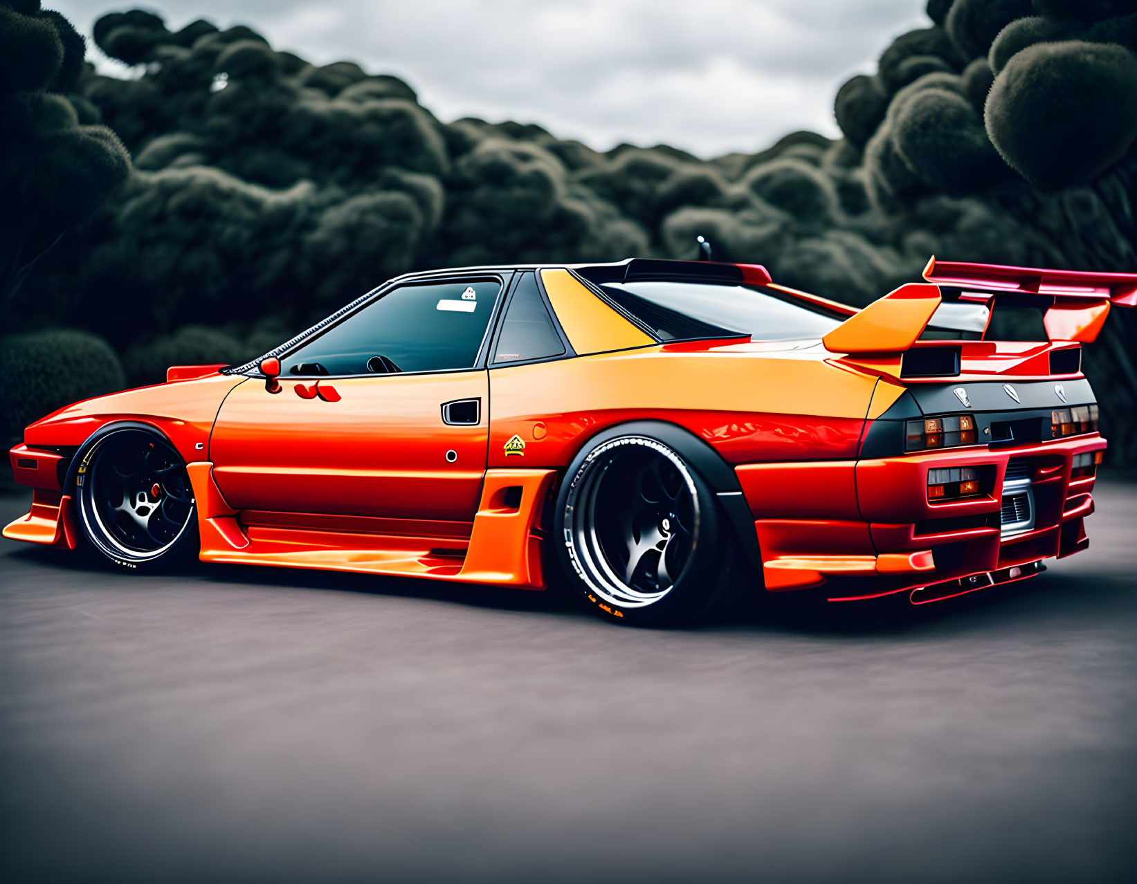 Red Sports Car with Spoiler and Custom Rims Against Lush Green Background