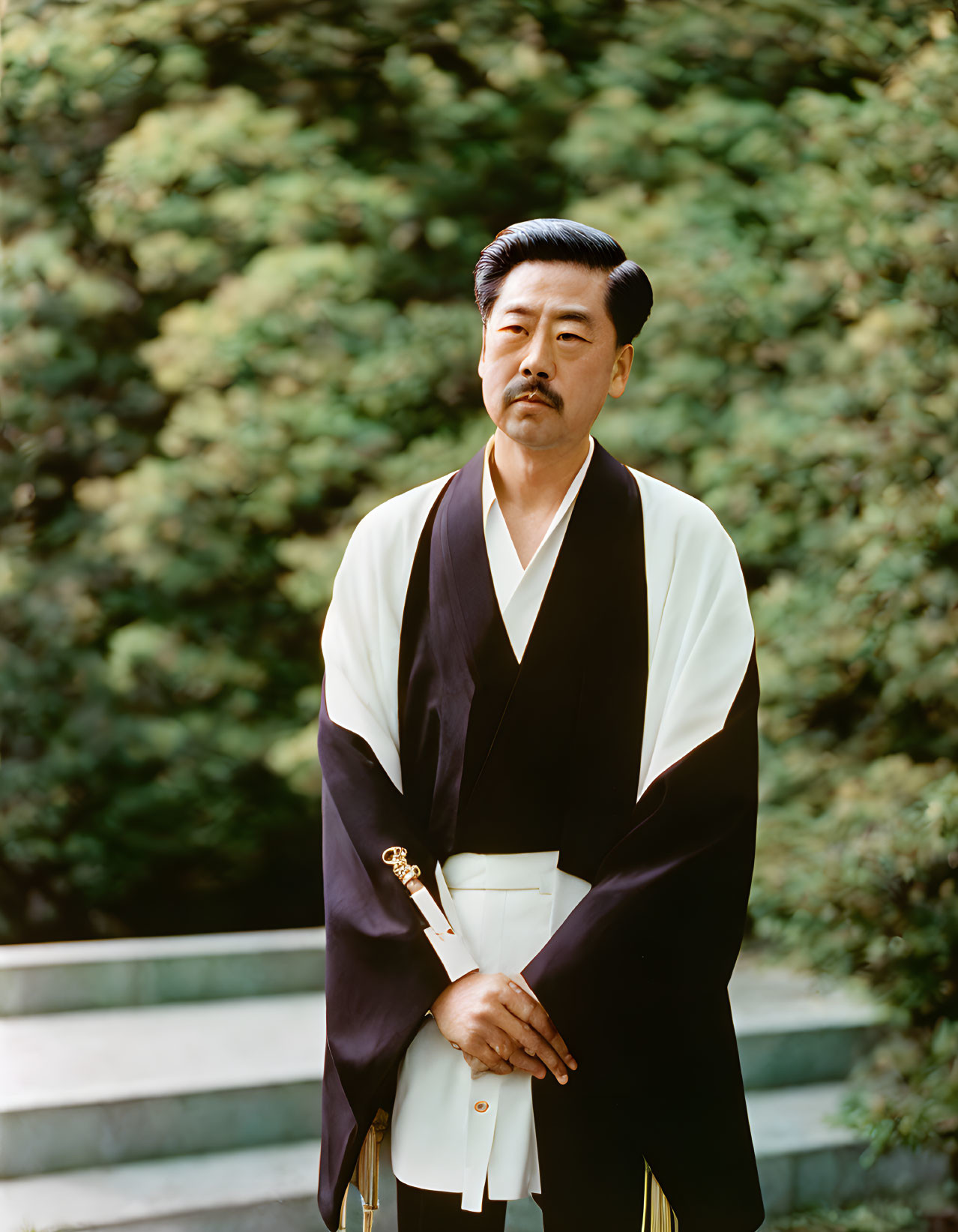 Traditional Japanese Attire: Man with Mustache in Serene Garden