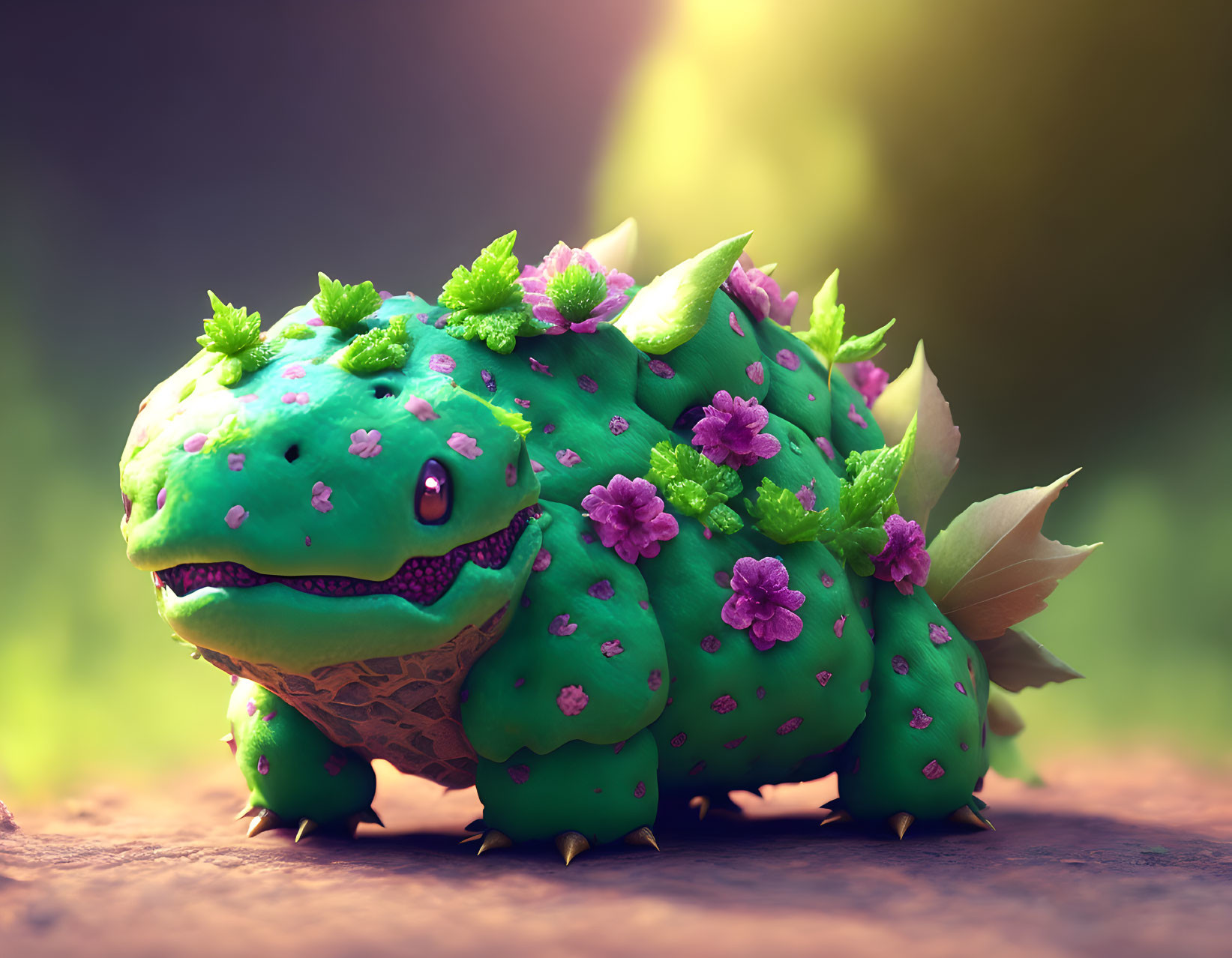 Chubby green lizard creature with plants and flowers on its back in a whimsical, animated style