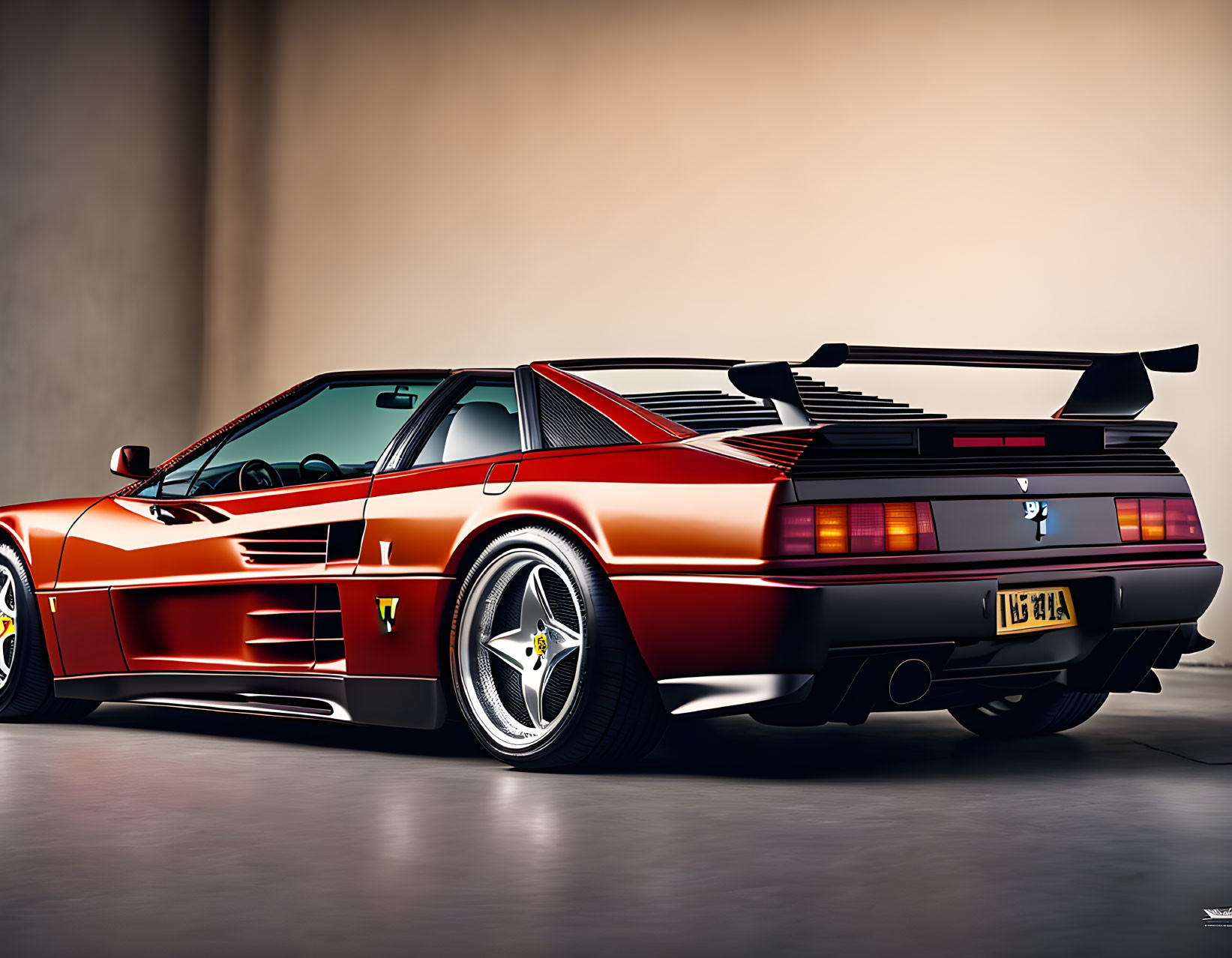 Red Ferrari F40 Sports Car with Large Rear Wing in Studio Display