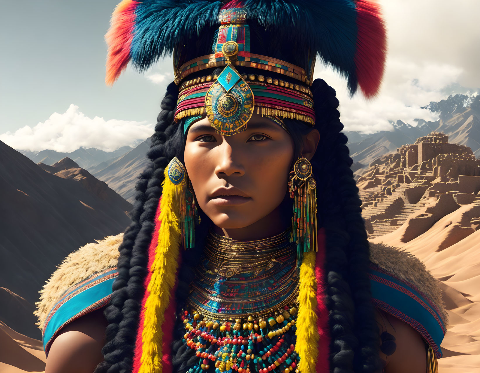 Traditional Andean attire with feathered headdress and mountainous ruins backdrop