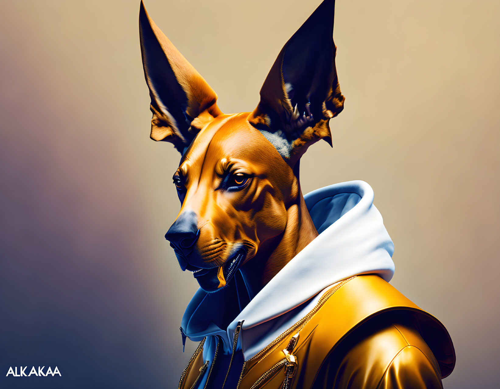 Digital illustration of Doberman dog in hoodie & jacket on gradient background