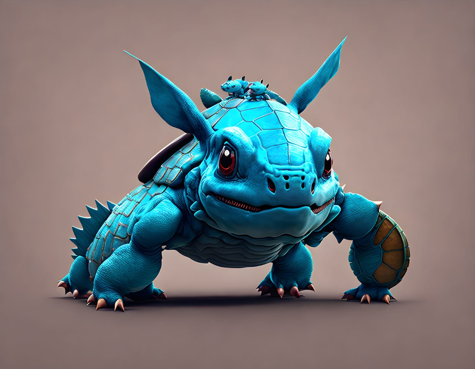 Blue stylized turtle with dragon-like features on neutral background