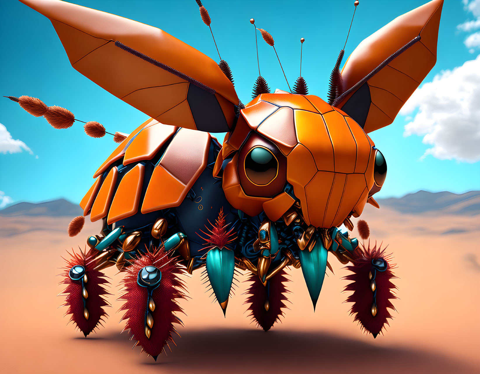 Colorful Mechanical Bee in Desert Setting with Floating Seeds