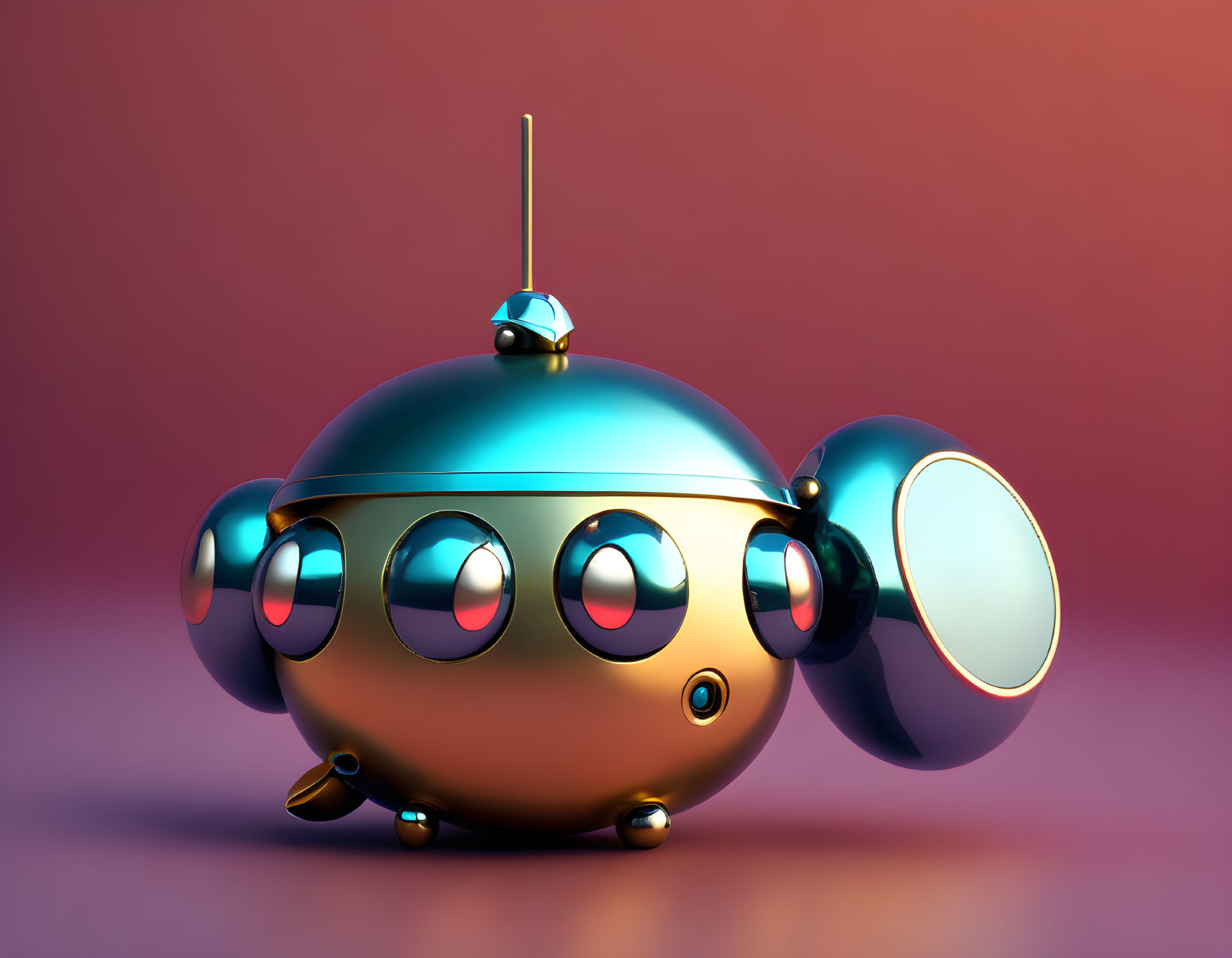 Shiny metallic spherical robot with antenna and limb on colored background