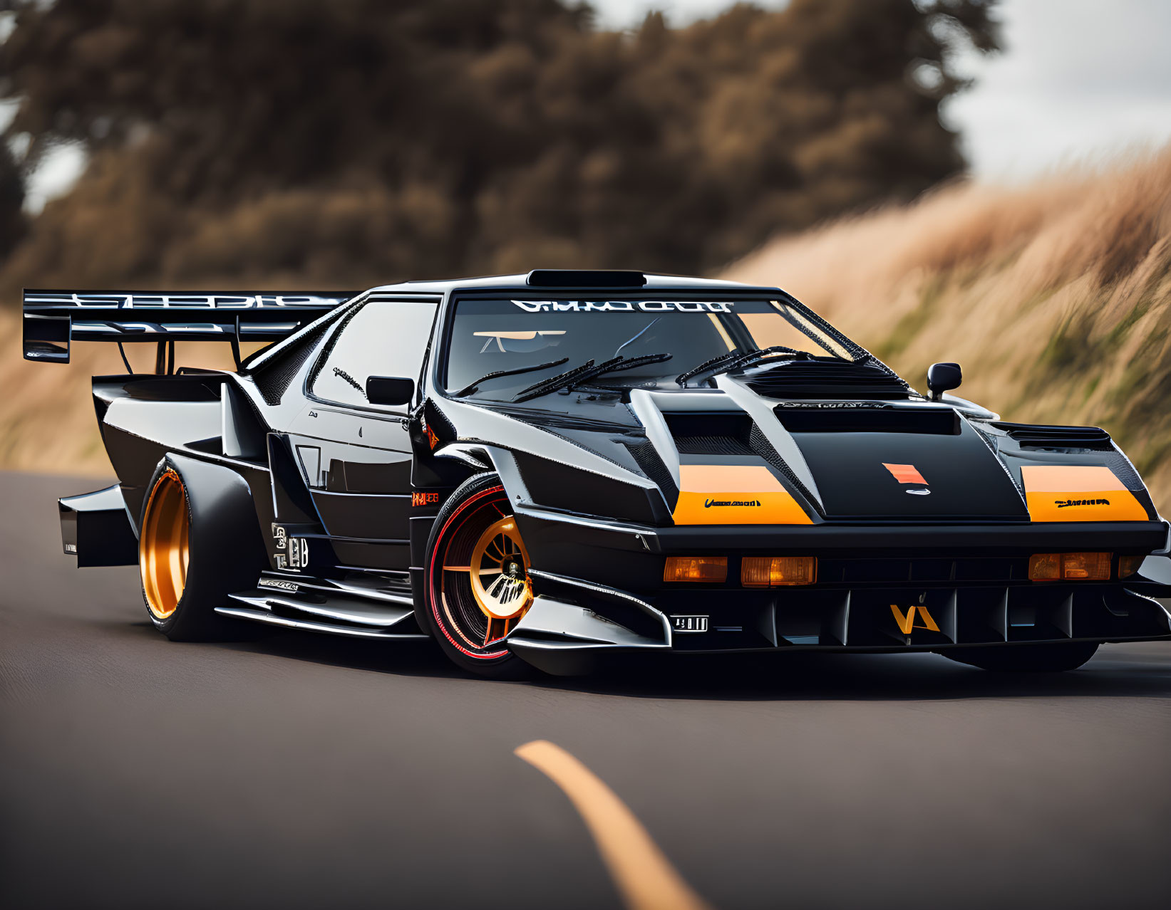 Black and Orange Lamborghini Countach with Large Rear Wing Parked in Grass