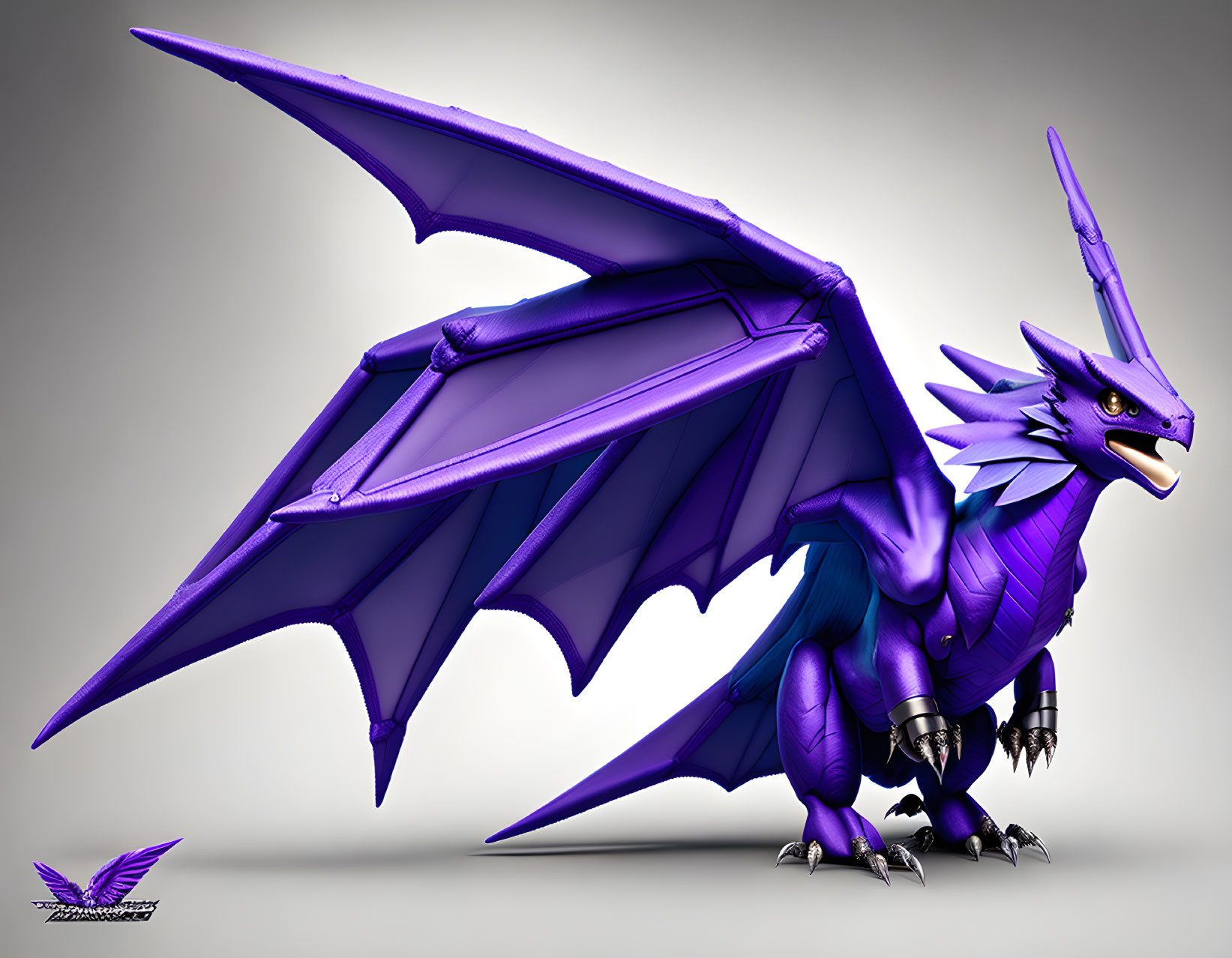 Purple Dragon with Outstretched Wings and Menacing Eyes on Gray Background