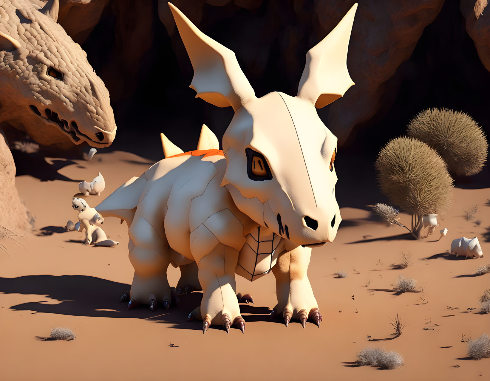 Large Dinosaur-Like Creature with Horns and Plate Armor in Desert Setting