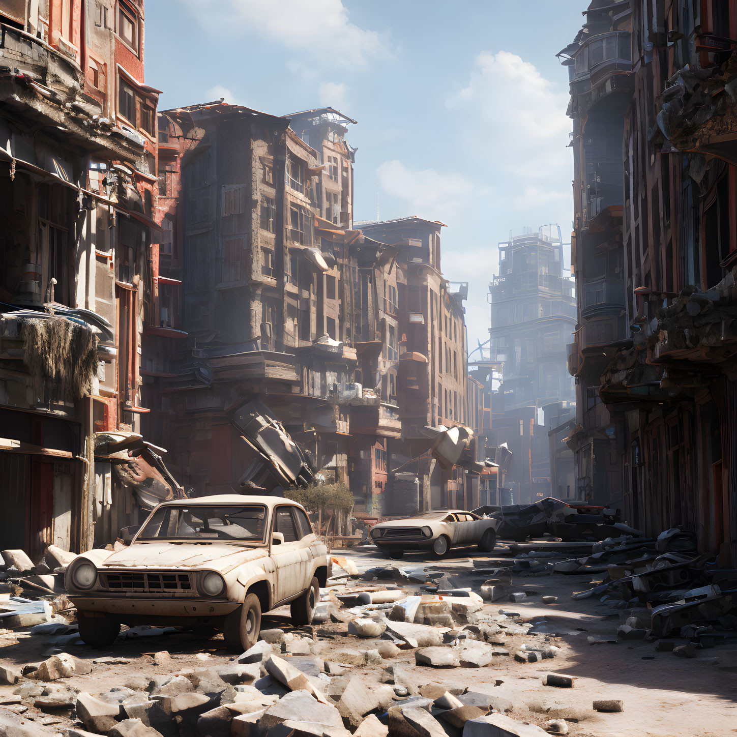 Desolate urban street after apocalypse with abandoned cars and debris