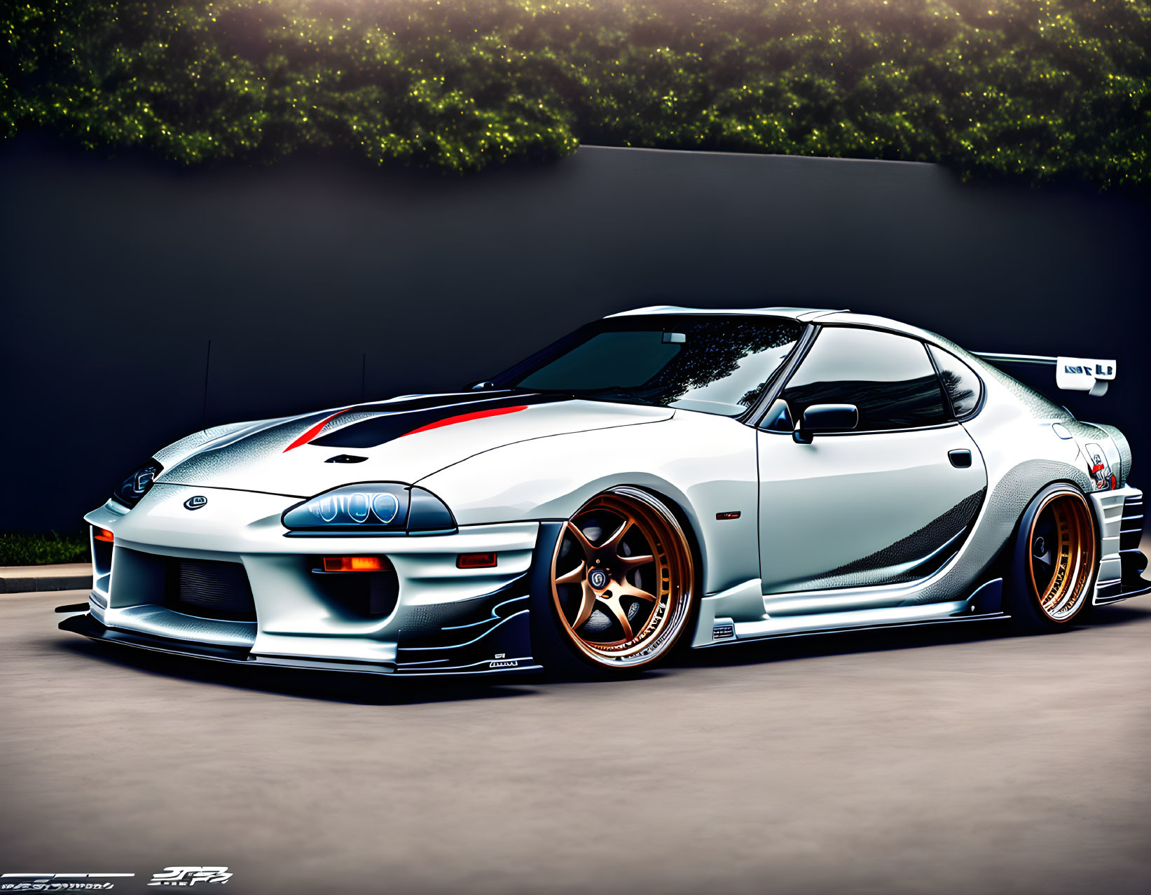 Custom White Toyota Supra with Graphics and Lowered Suspension