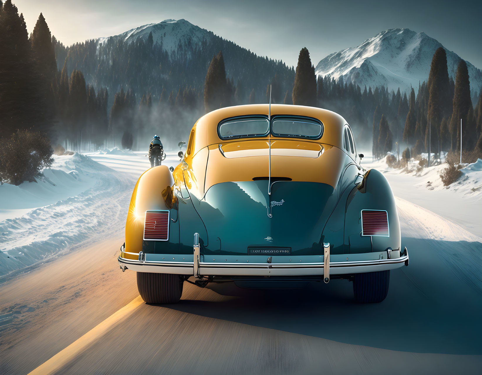 Vintage Car Driving on Snowy Mountain Road at Dusk/Dawn