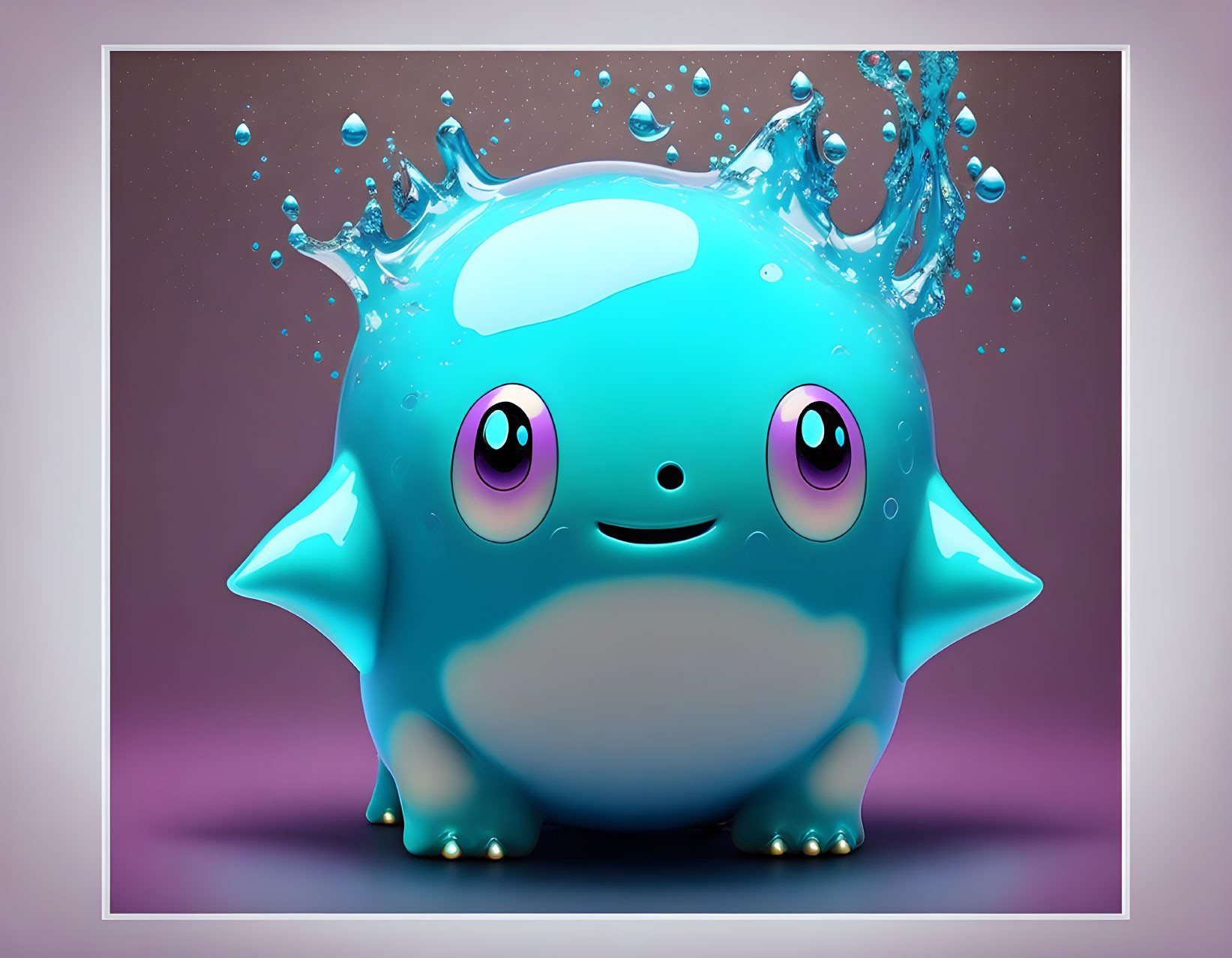 Animated blue creature with pink eyes and water splash crown on purple background