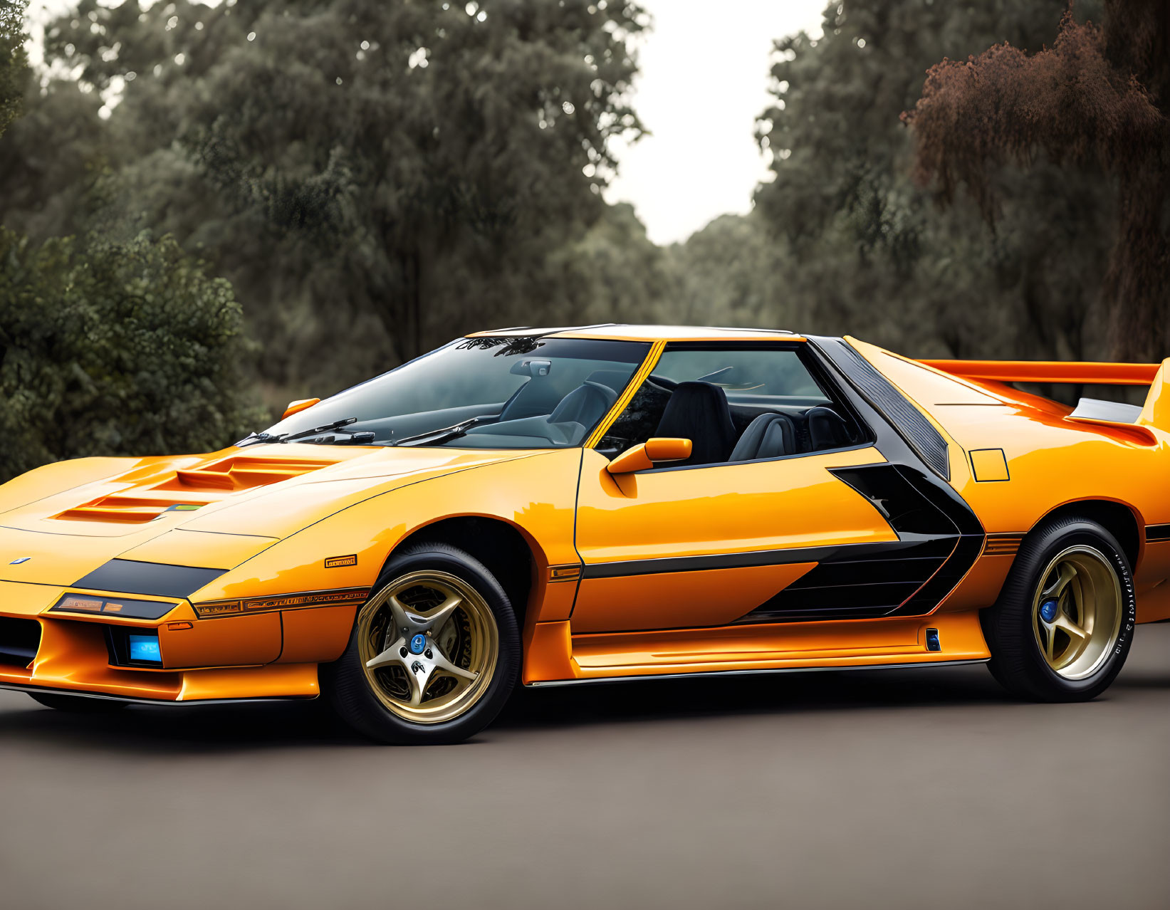 Vintage Orange Sports Car with Wedge Shape and Pop-Up Headlights in Nature