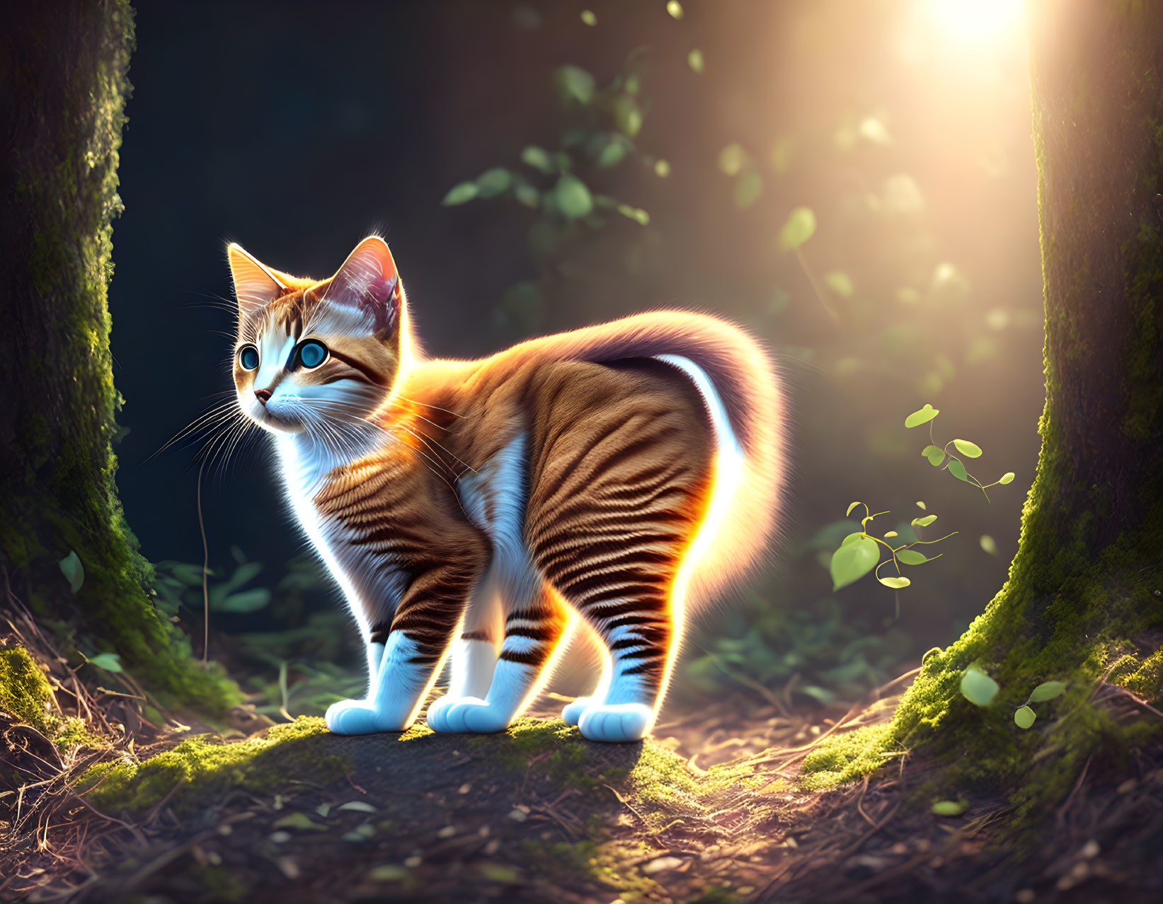 Striped Cat with Blue Socks in Sunlit Forest with Trees and Leaves