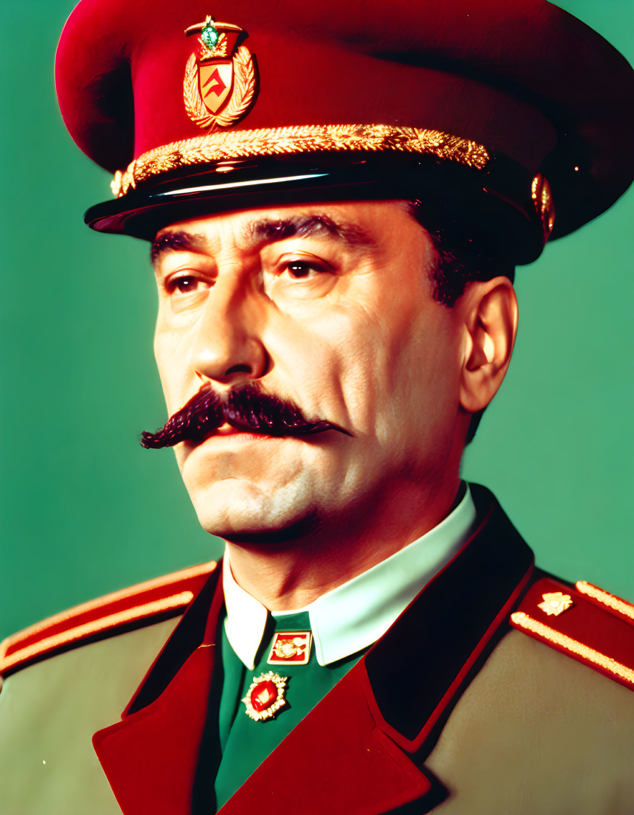 Military man in uniform with mustache and medals on green background