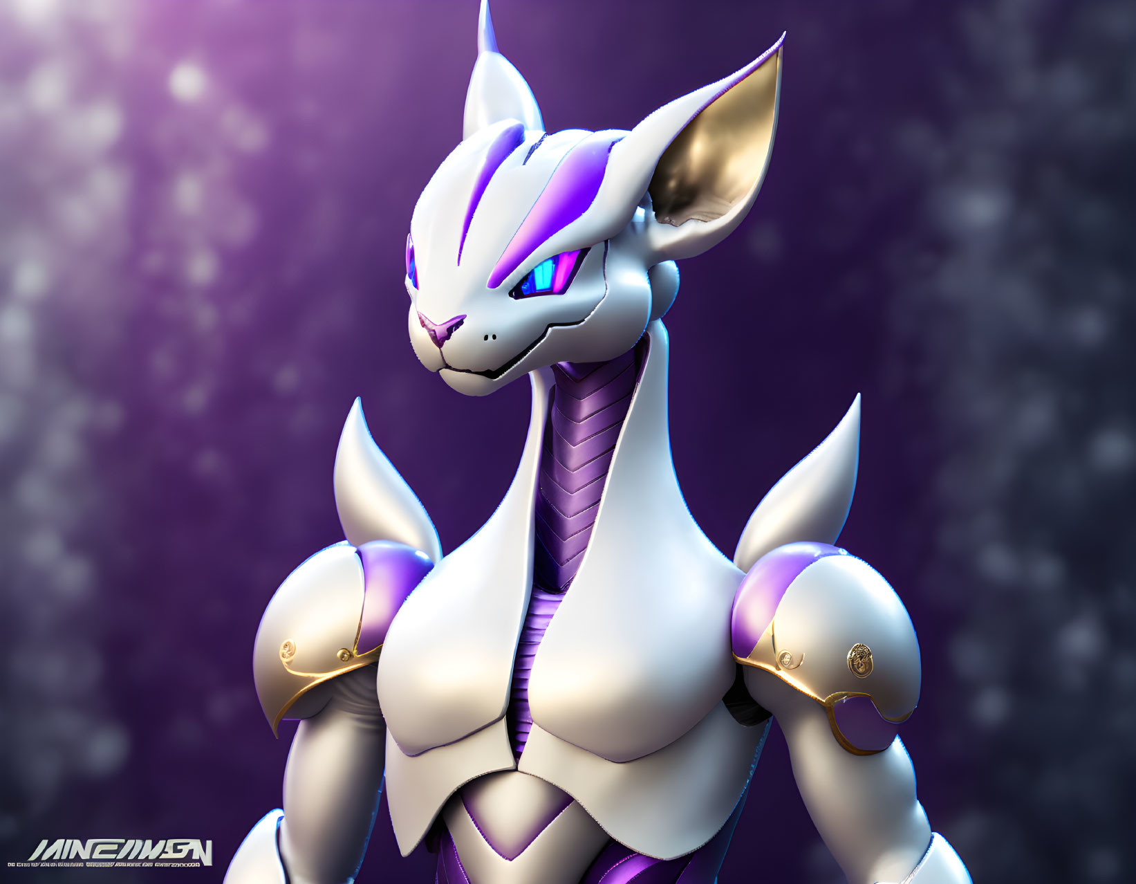 Fierce 3D rendering of psychic-type Pokémon in glossy white and purple armor