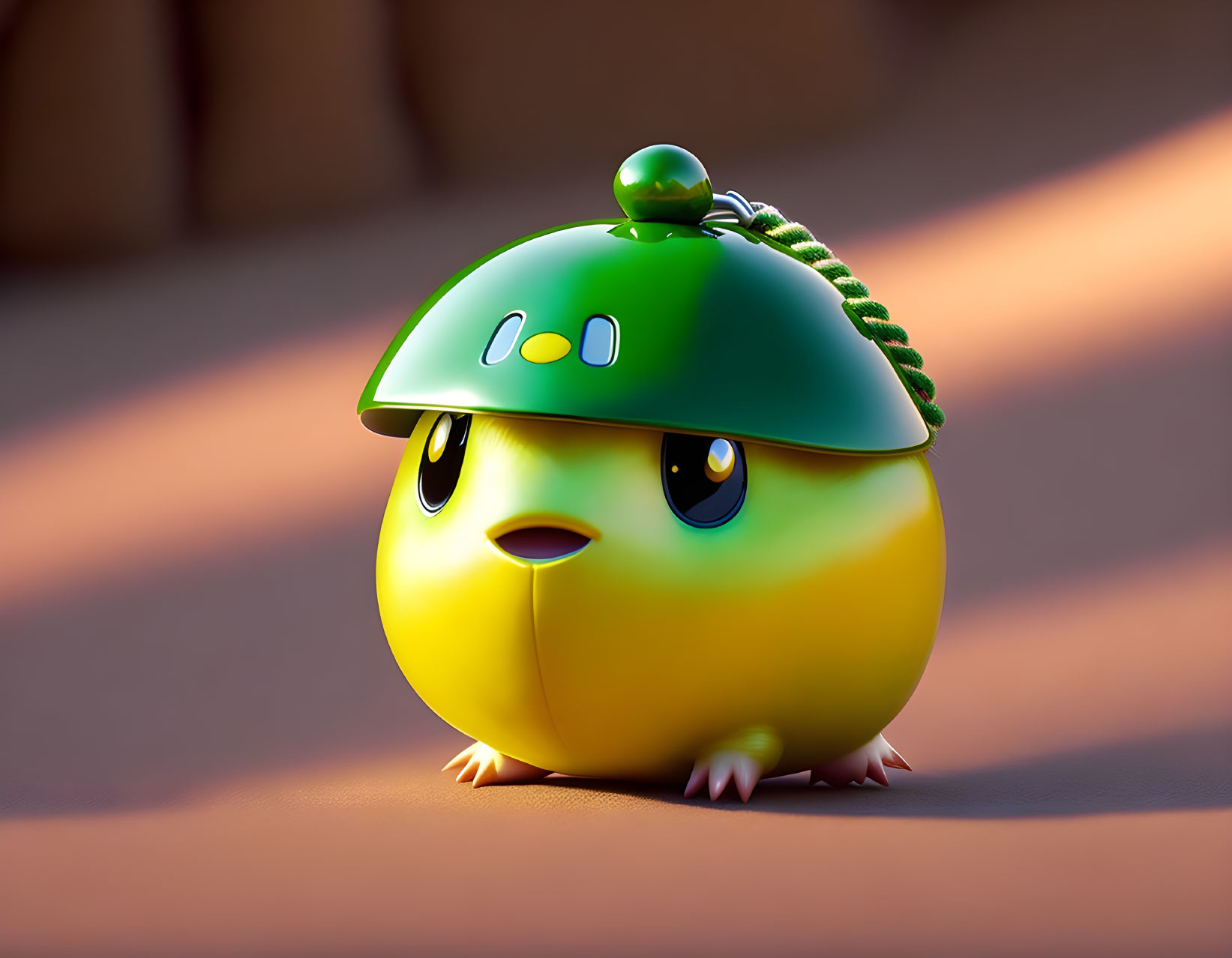 Yellow Chick 3D Illustration with Big Eyes and Green Helmet