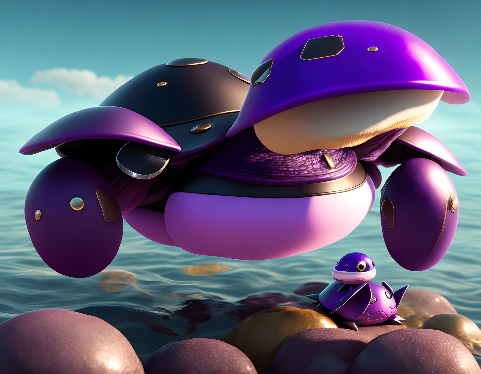 Stylized purple robot turtle and smaller companion above water