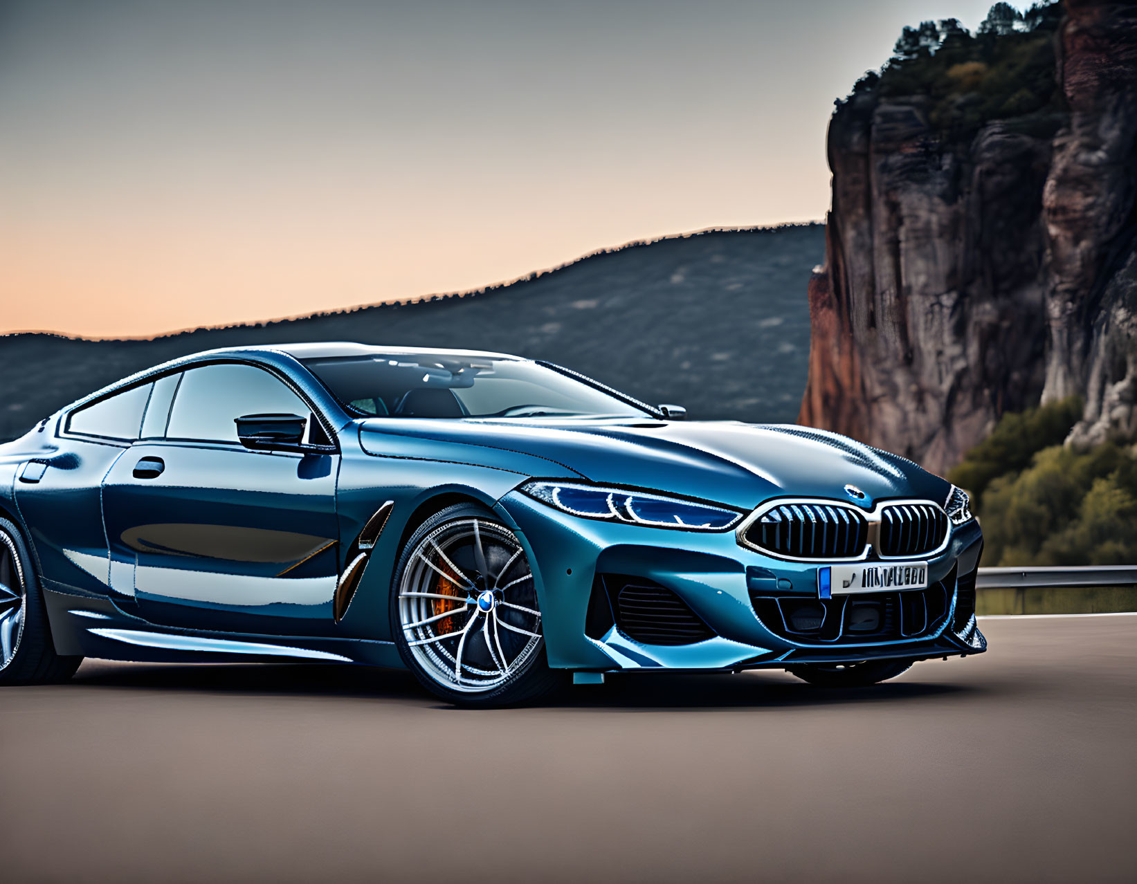 Blue BMW Coupe with Sporty Design Parked in Natural Setting at Sunset