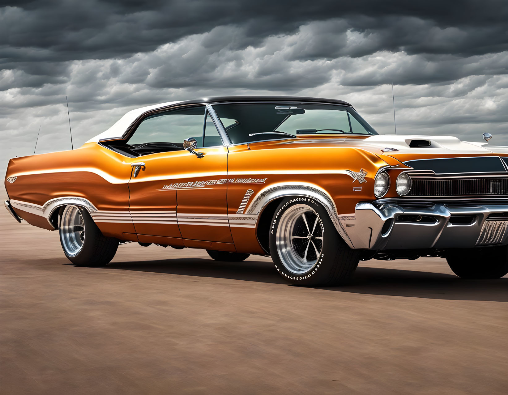 Orange Muscle Car with White Stripes and Chrome Accents Parked Under Cloudy Sky