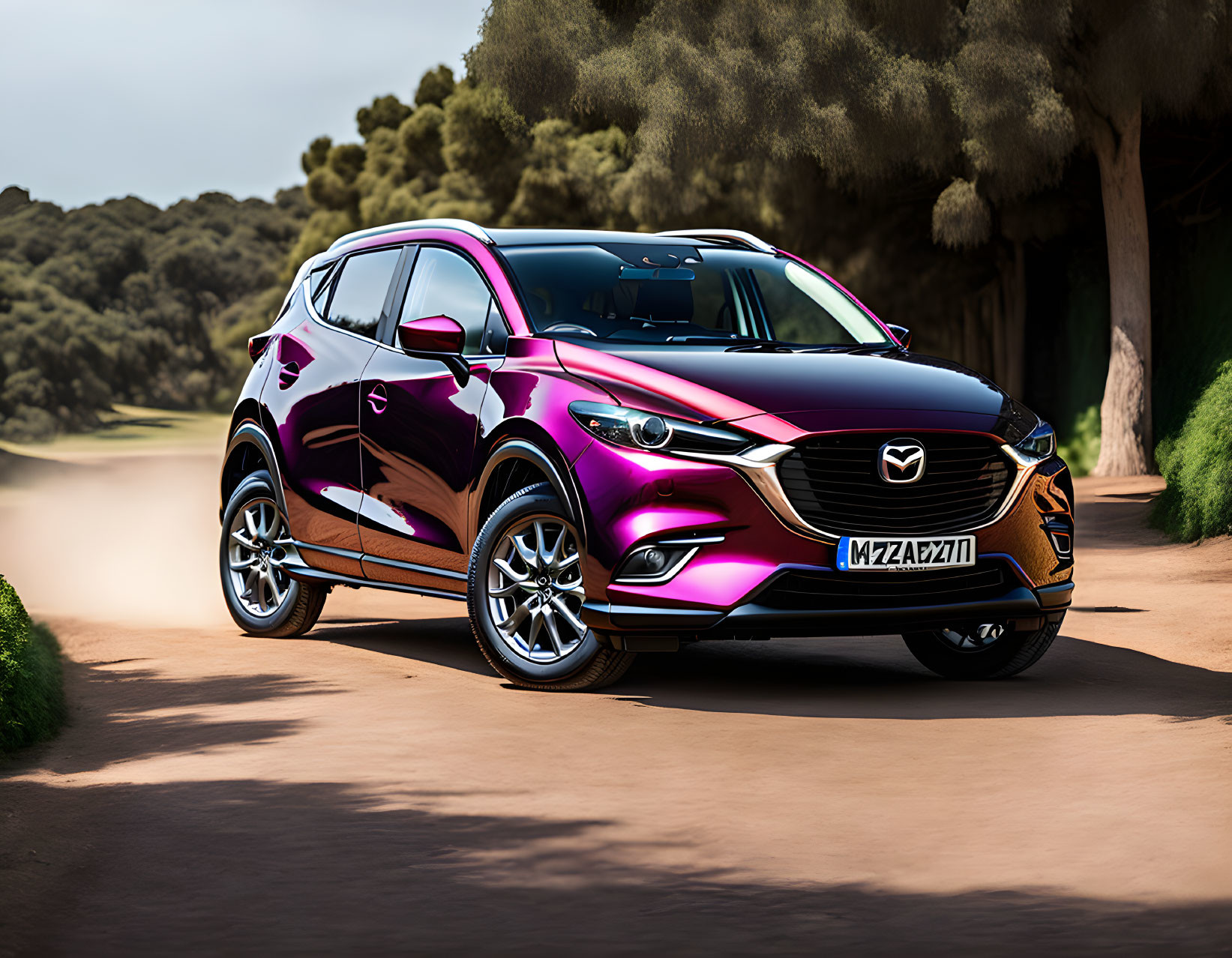 Red Mazda CX-3 SUV parked on dirt path with trees and clear sky