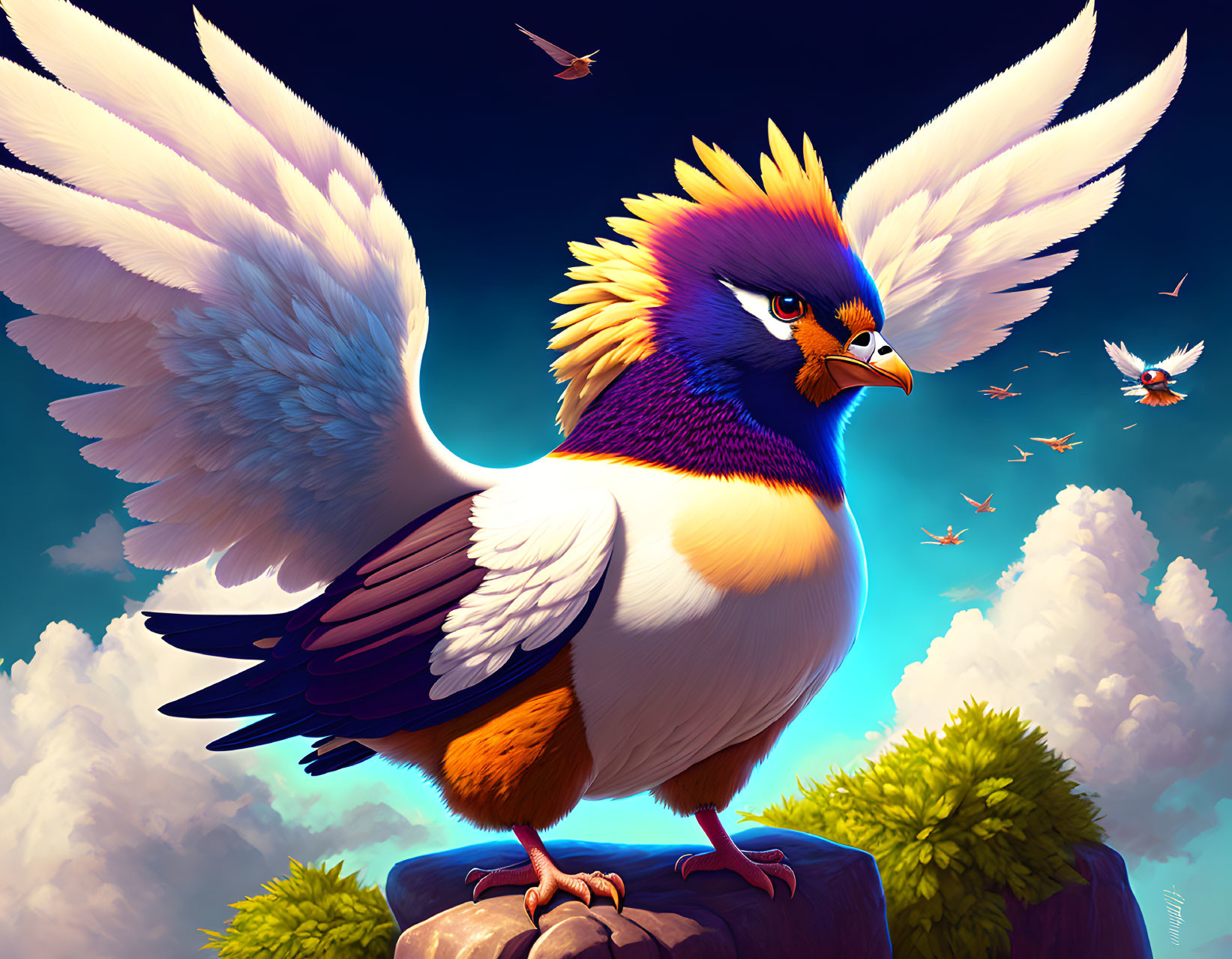 Colorful Stylized Bird with Outstretched Wings on Rock against Blue Sky