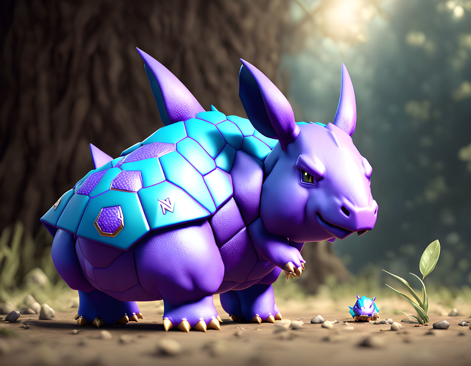 Purple crystal-armored dinosaur-like creature in forest with tiny version by plant