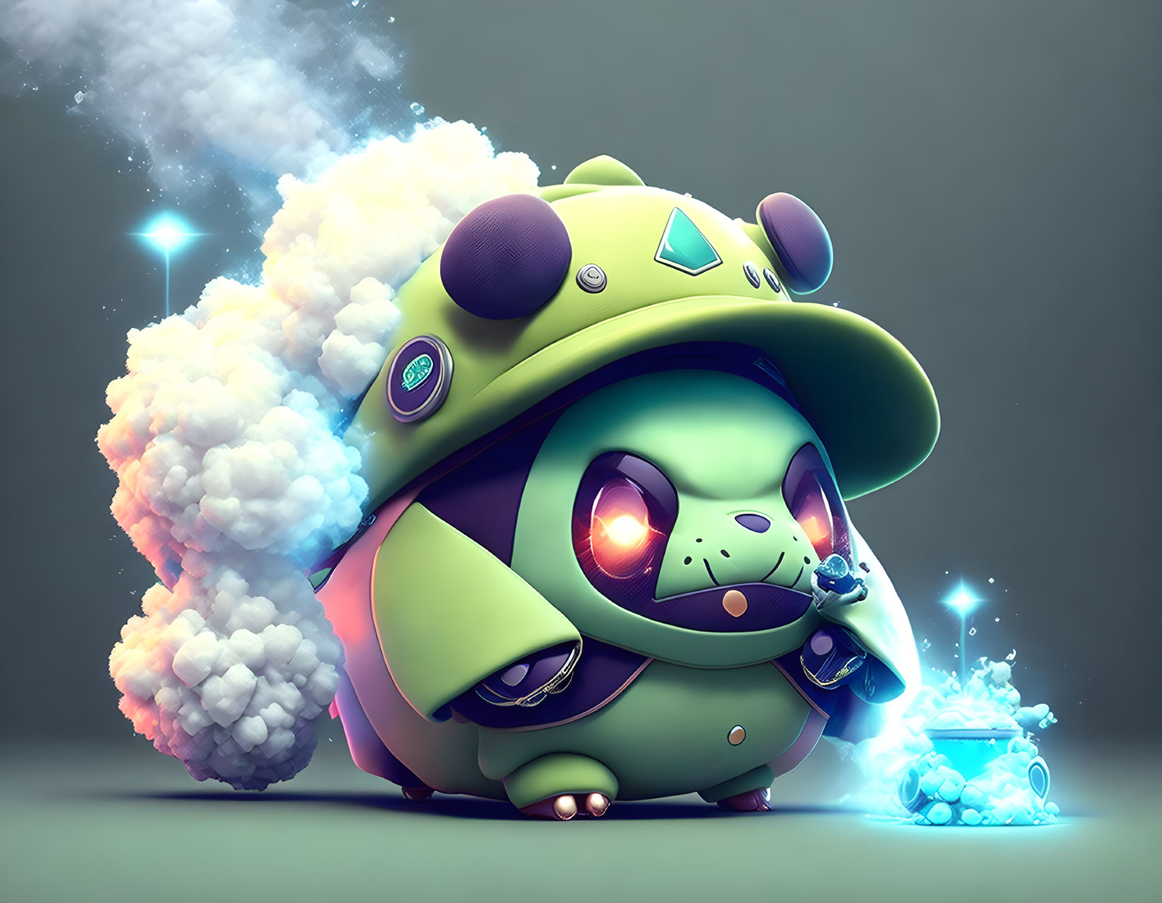 Stylized animated green creature with smoking pipe, glowing eyes, and lighting effects