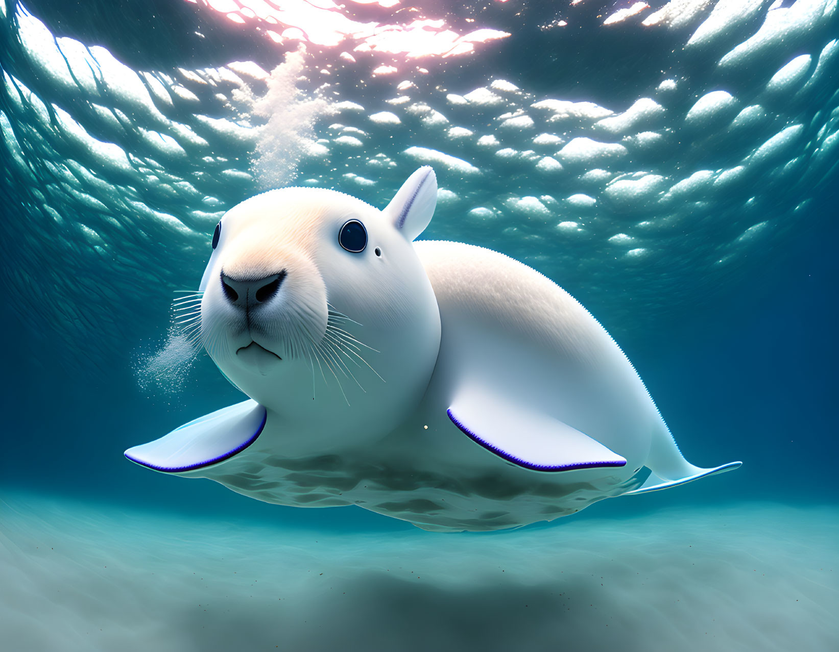 Curious seal underwater with sunlit ocean background.