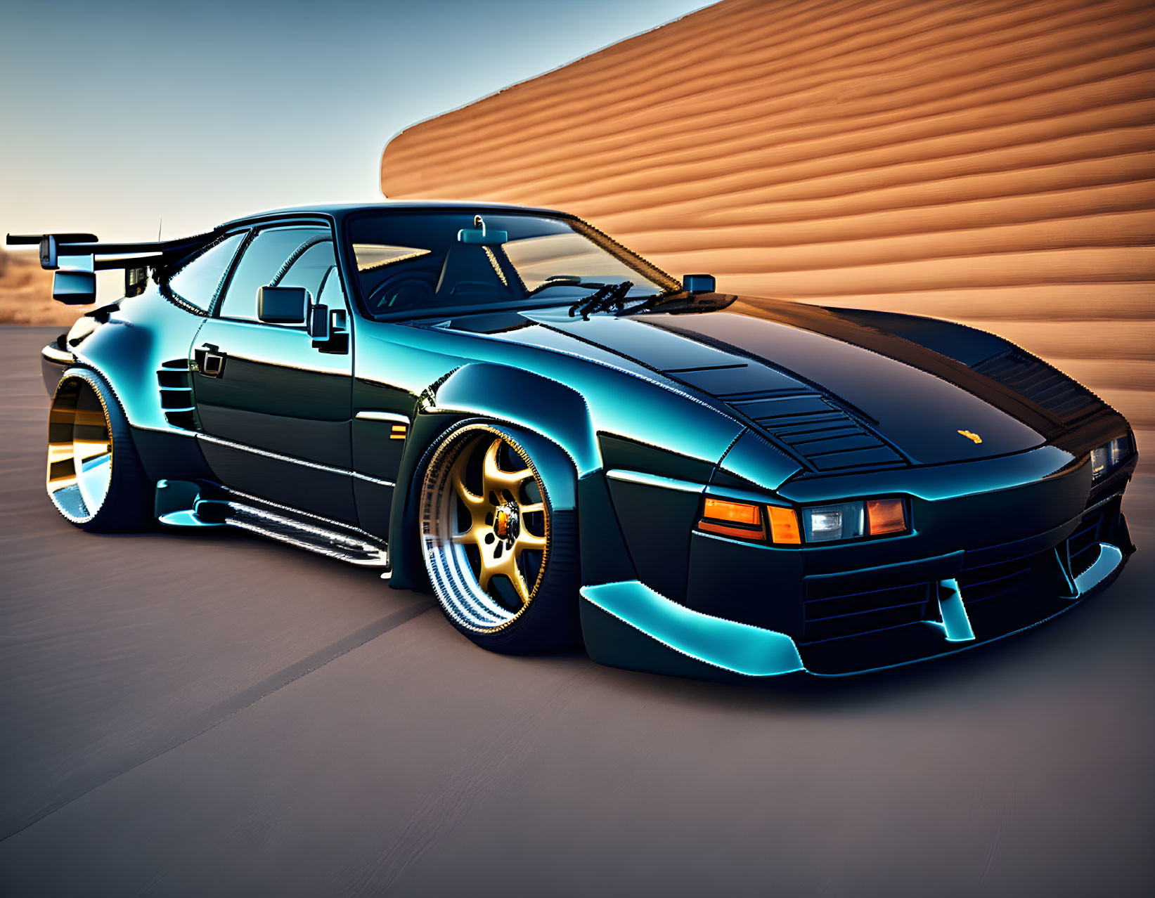 Striking blue and black sports car in sandy dunes at sunset