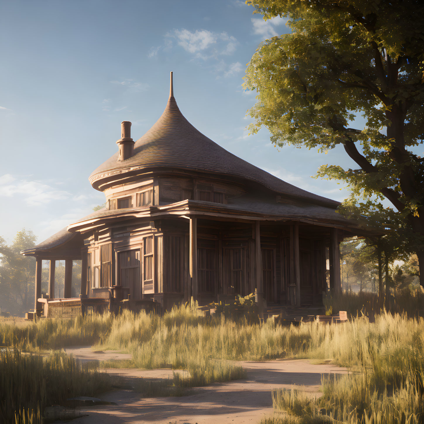 Victorian wooden house with conical roof in tall grass at sunrise or sunset