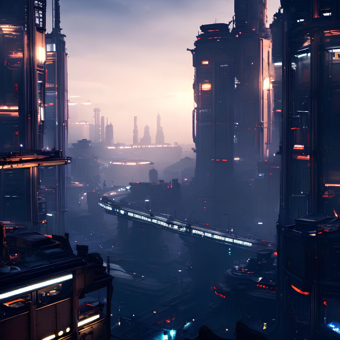 Twilight futuristic cityscape with towering skyscrapers and rail system