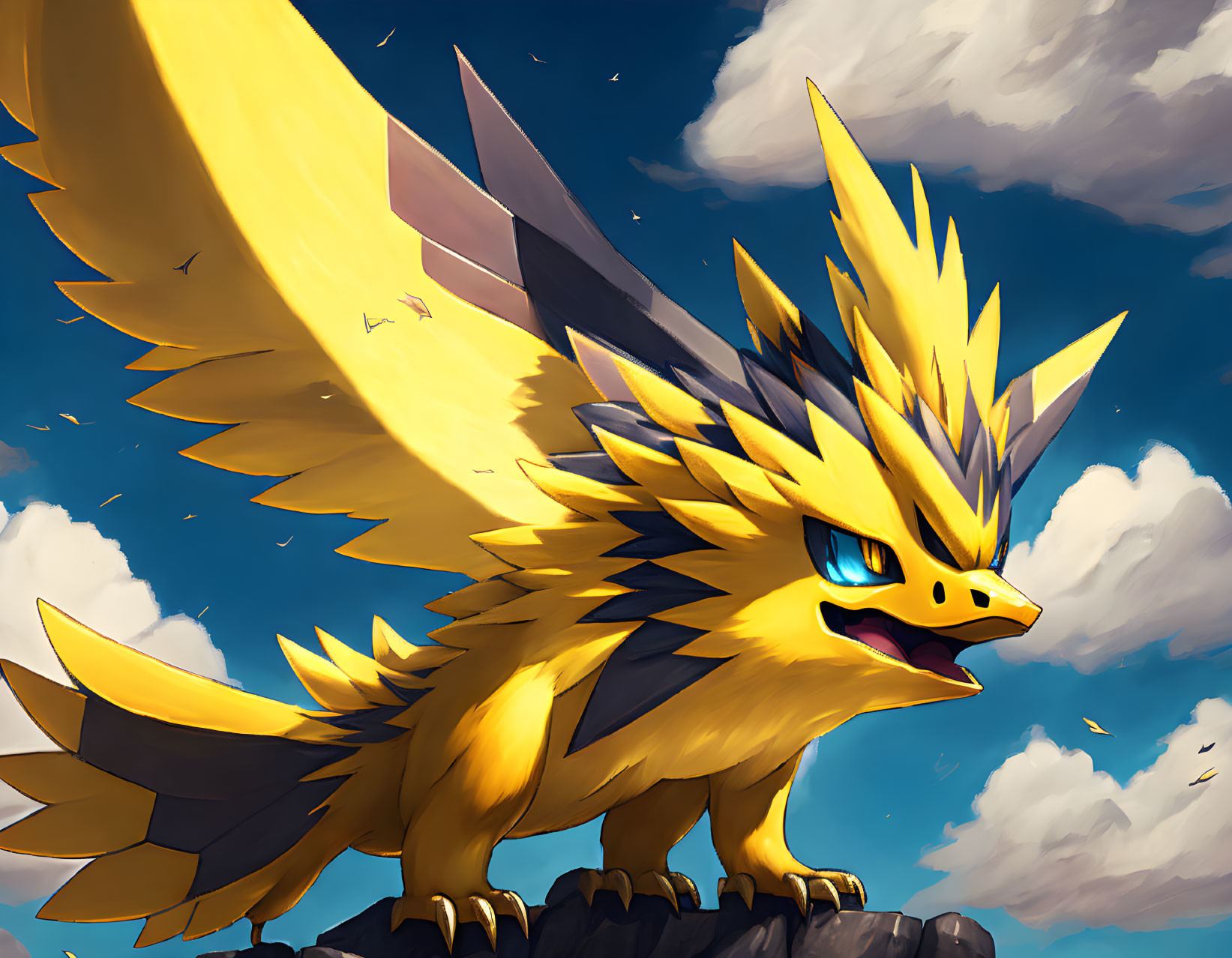 Majestic yellow and blue bird-like creature with sharp wings in cloudy sky