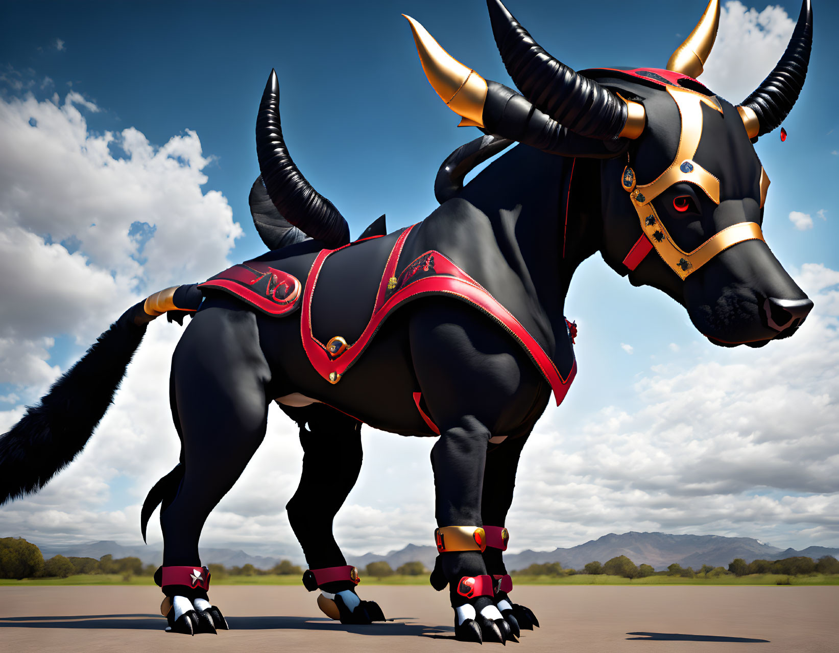 Muscular bull with golden horns in red and black armor under blue sky