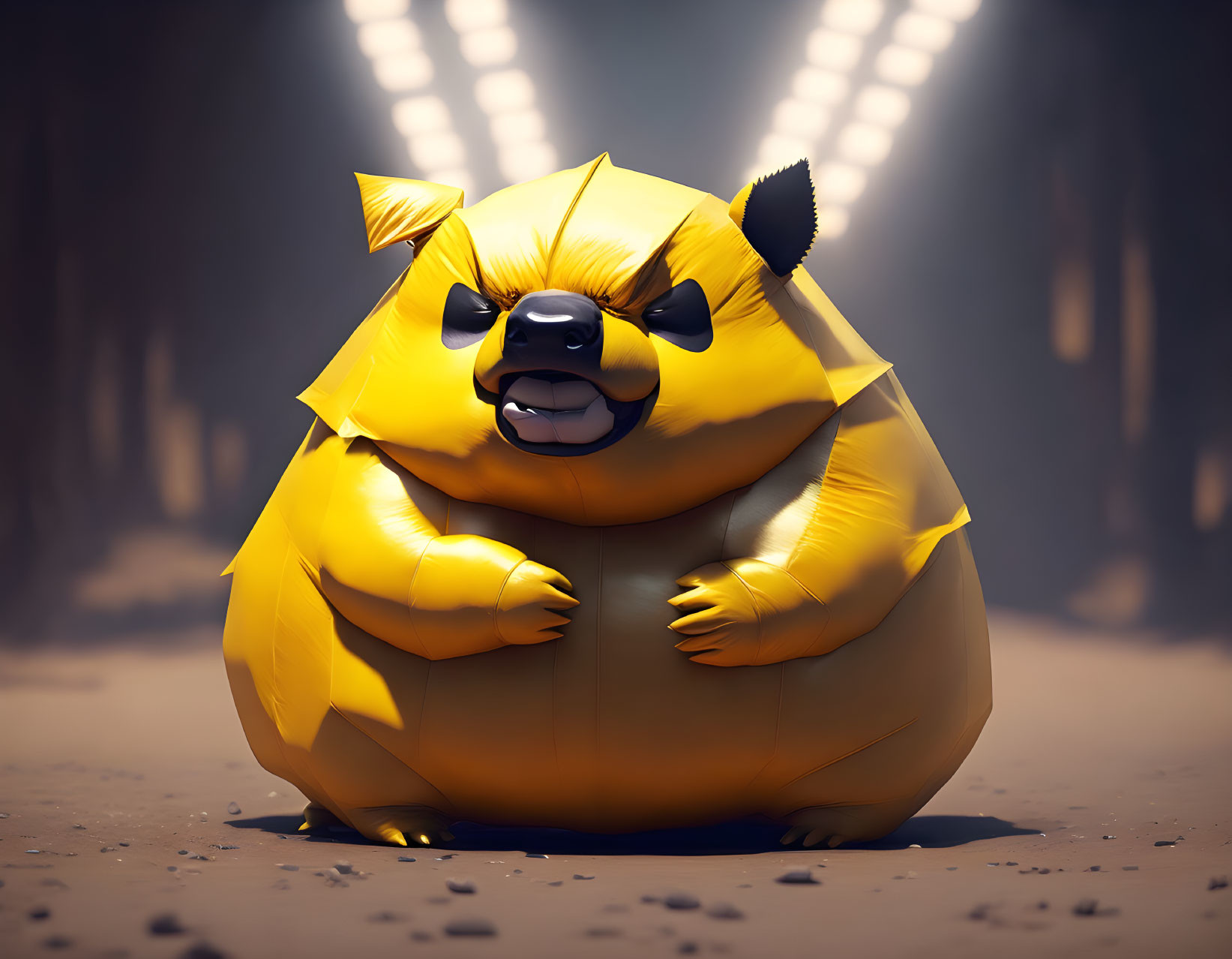 Stylized digital artwork of oversized, plump yellow creature in dimly lit tunnel