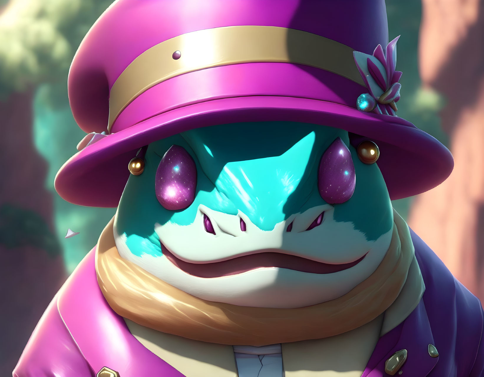Anthropomorphic Frog Character in Purple Hat and Jacket Against Nature Background