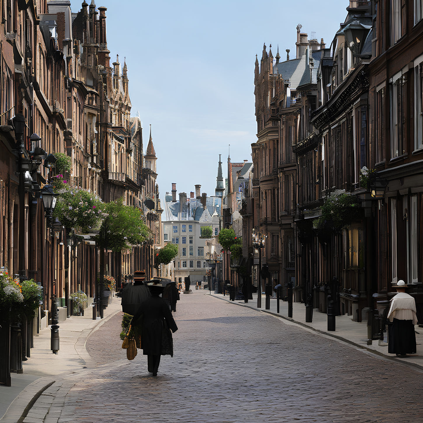 Historic European street scene with ornate buildings, cobblestone pavement, street lamps, and lone