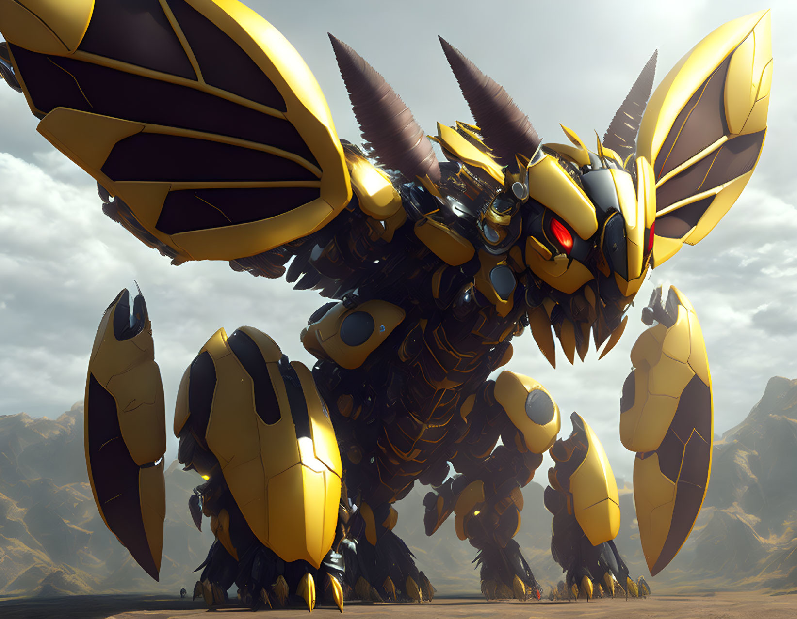 Giant robotic bee-like creature with golden and black plating in desert landscape