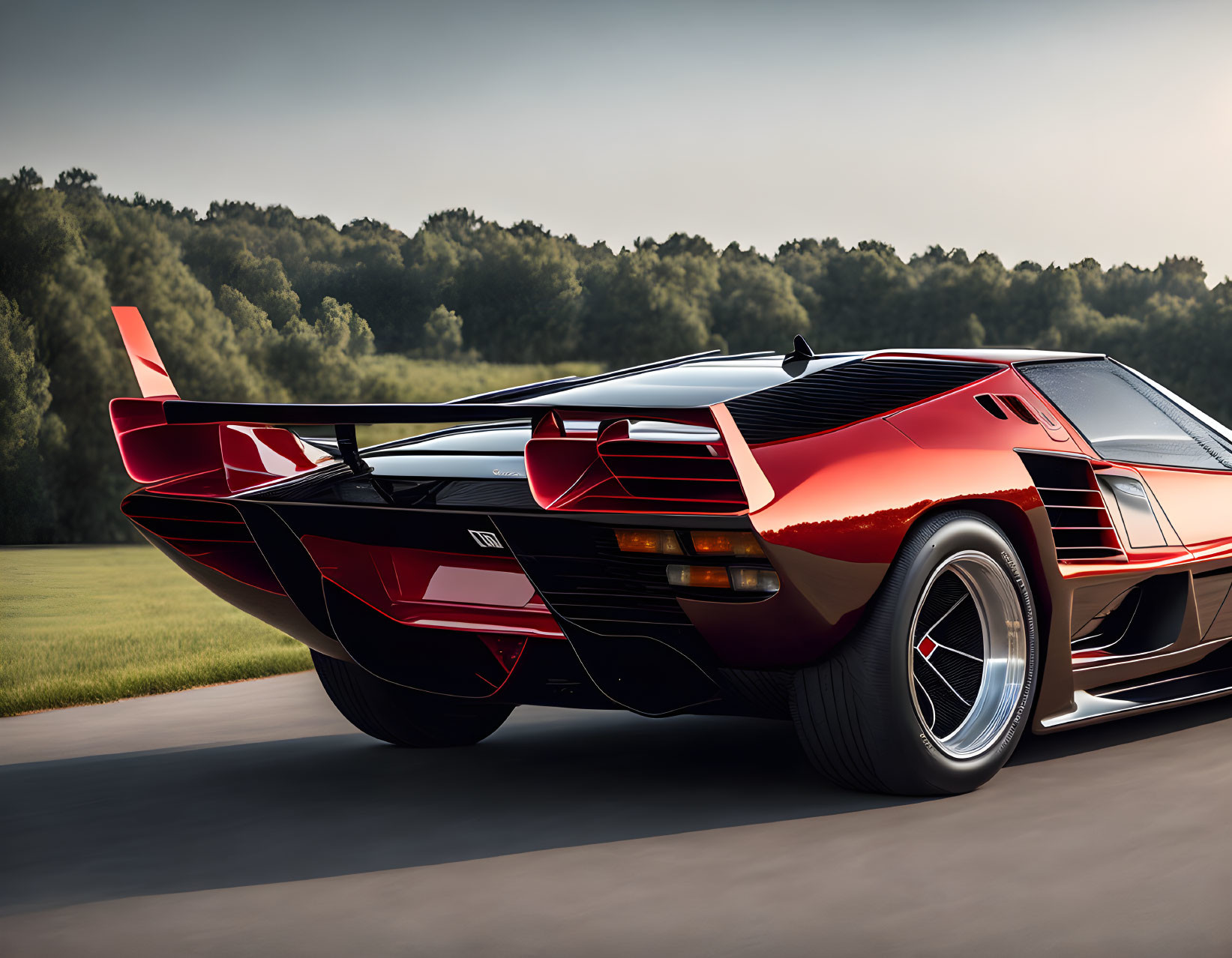 Red sports car with sharp angles and rear wing parked outdoors at dusk