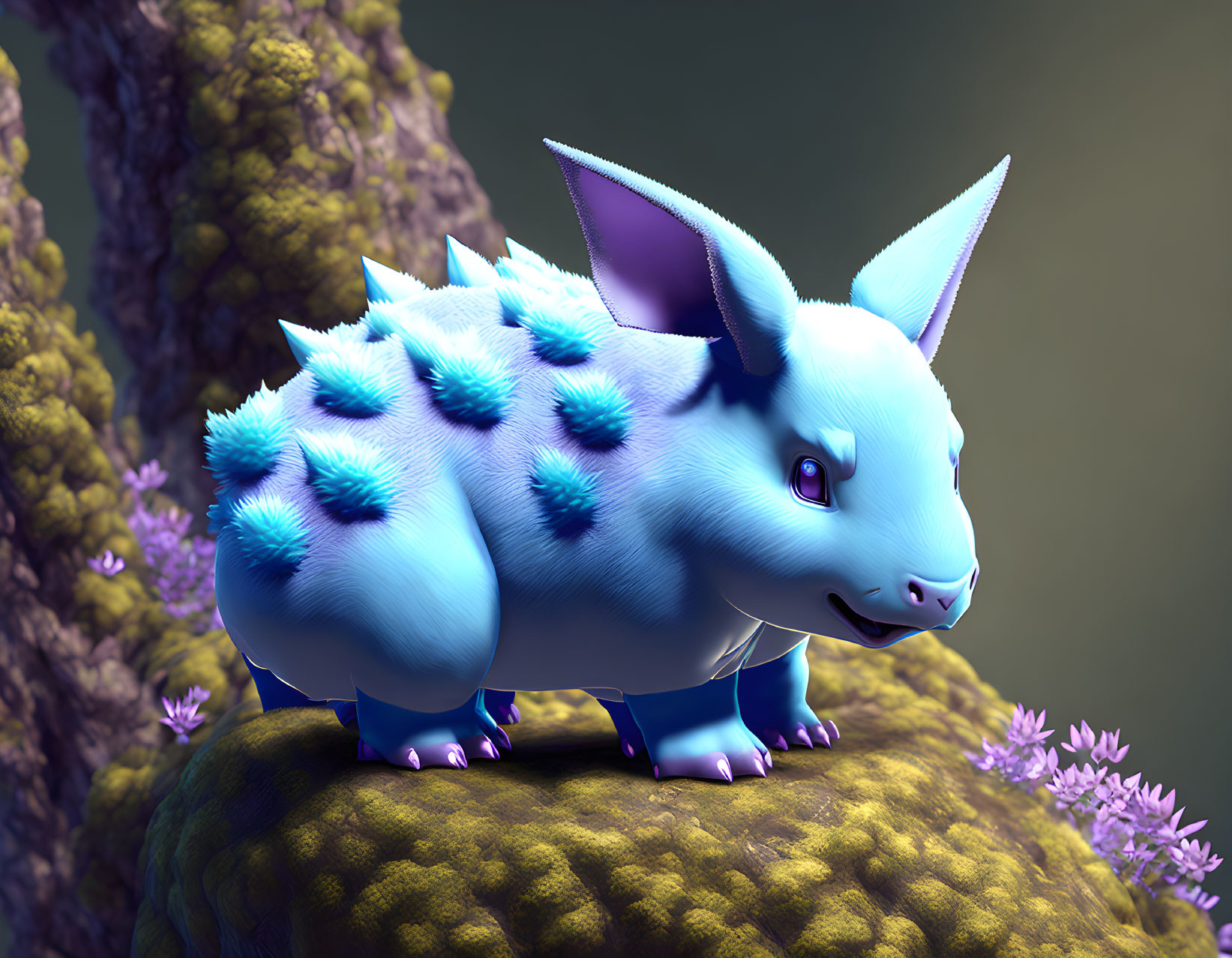 Blue Spiked Creature on Mossy Rock Among Purple Flowers