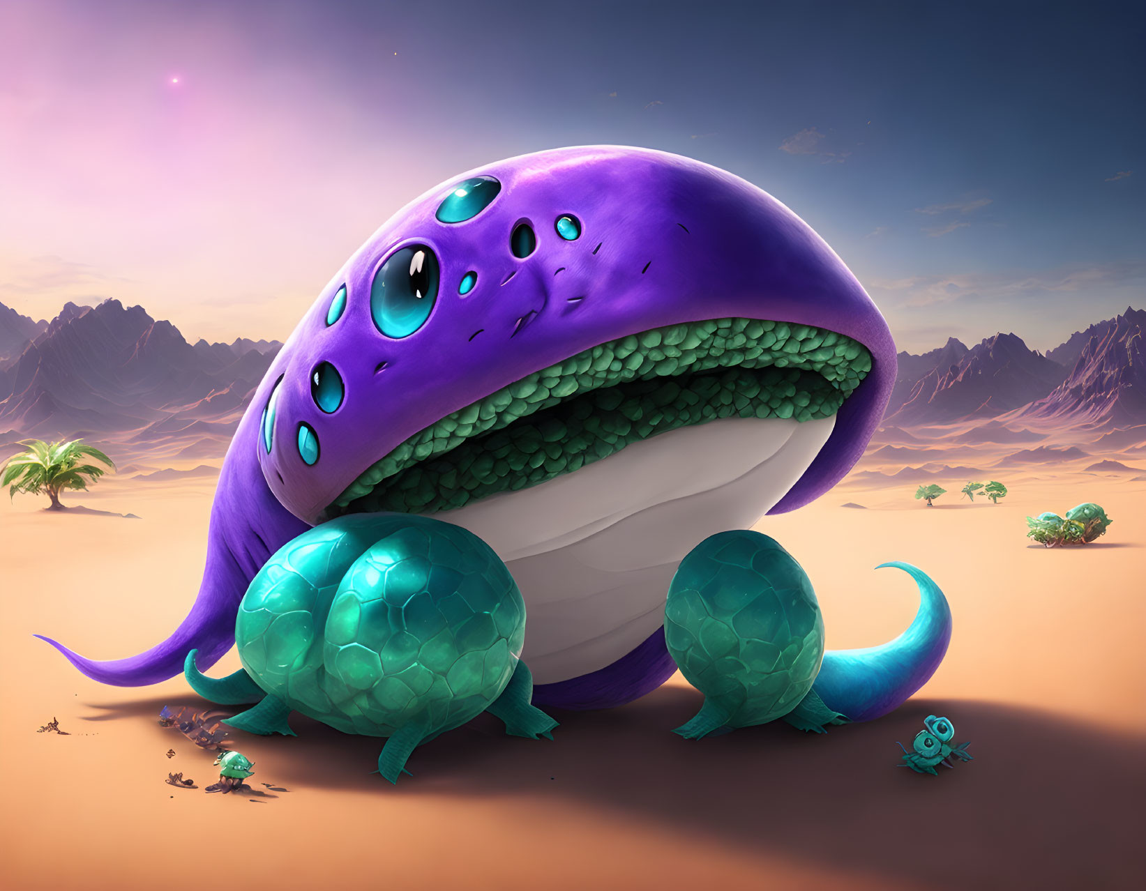 Purple creature with large mouth in desert landscape with mountains.