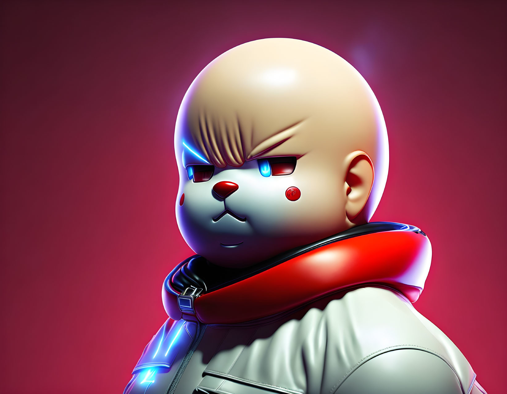 Stylized character with bald head, futuristic jacket, and red glowing eyes