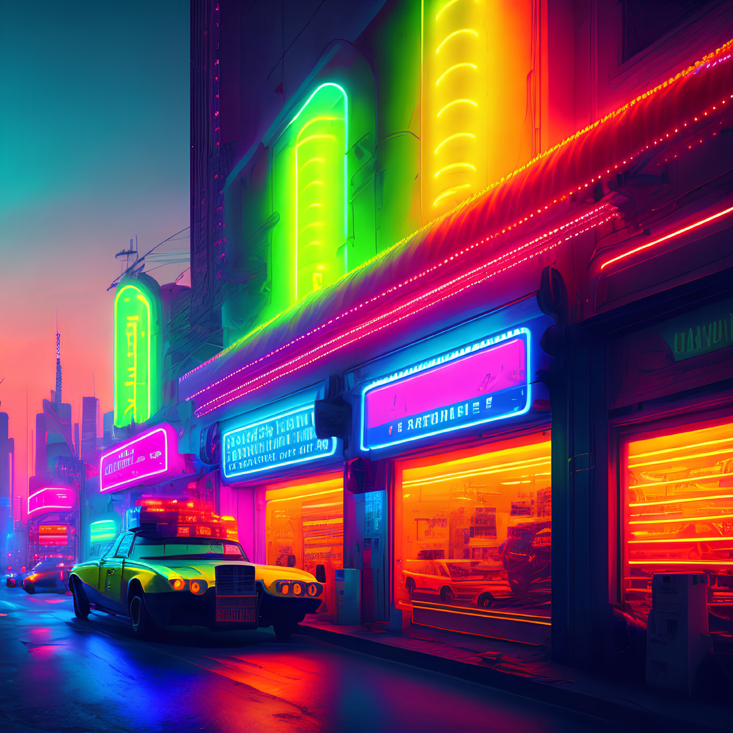 Neon-lit Street at Dusk with Cyberpunk Aesthetic