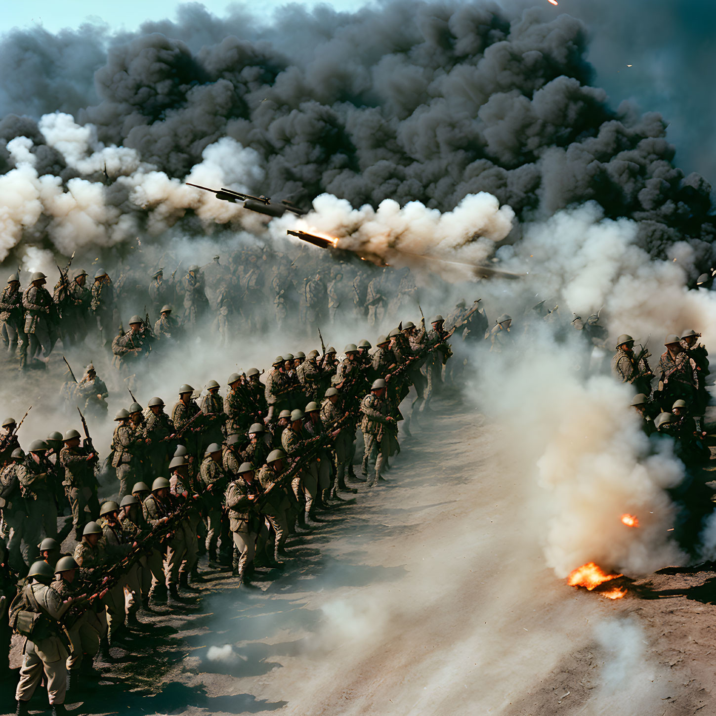 Tank firing shell with soldiers marching in smoky background