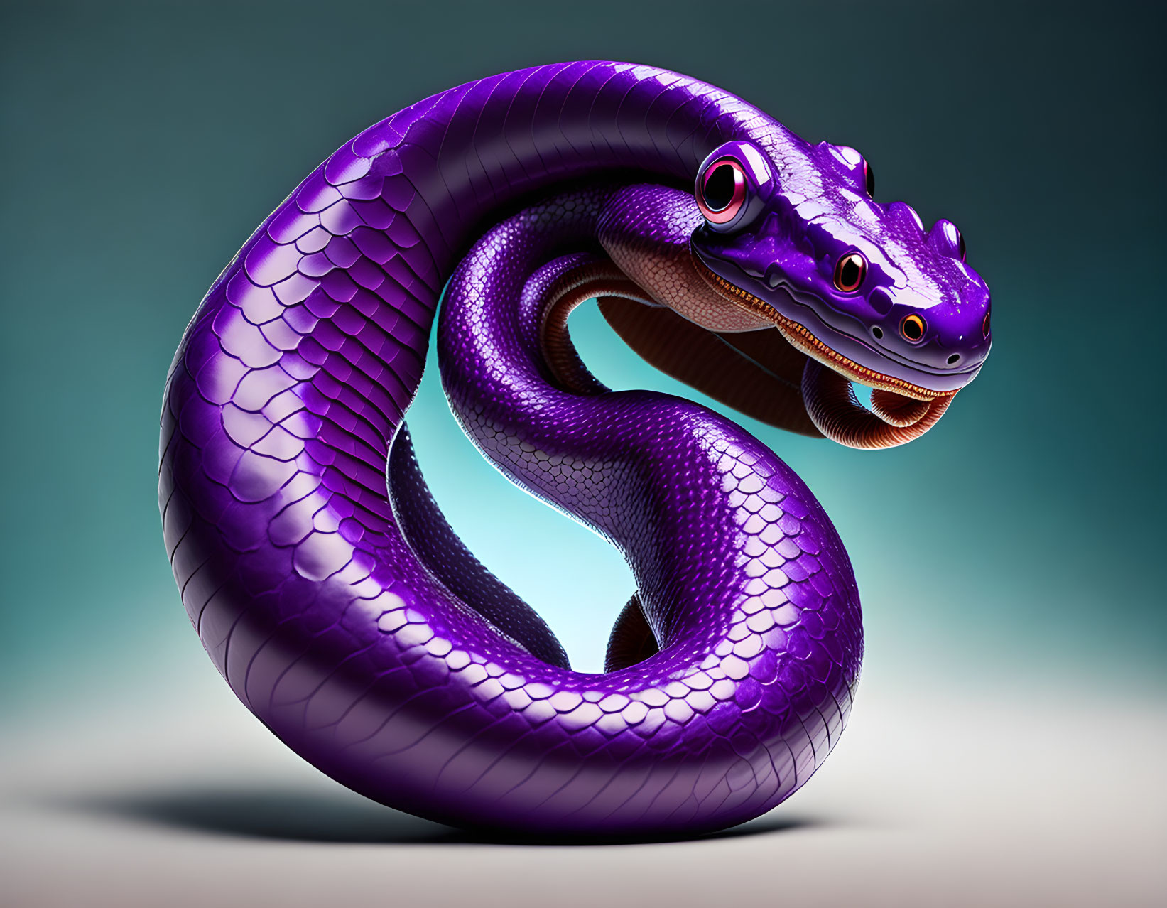 Colorful 3D illustration of a friendly purple snake on teal background