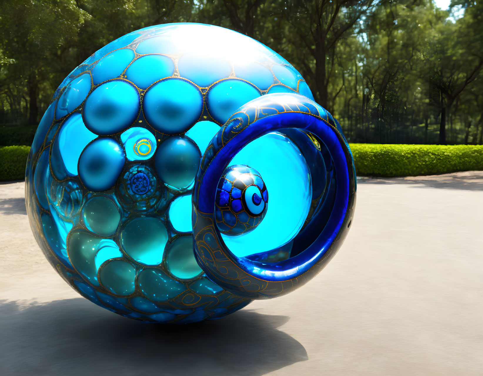 Intricate blue spherical sculpture in sunlit park with lush green hedges